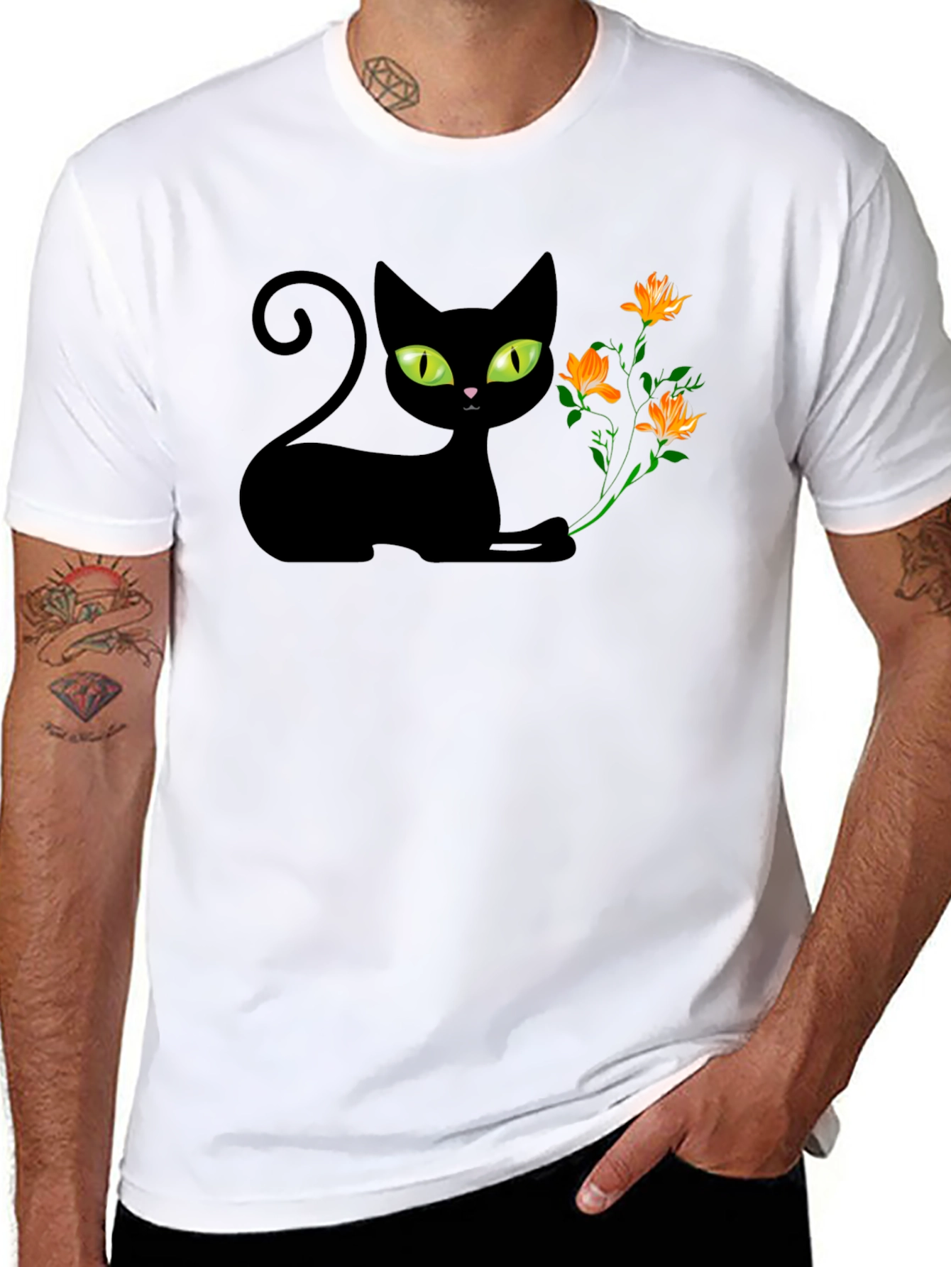 Black Black Cat & Flowers Graphic Tee - Soft Cotton Comfort view 8