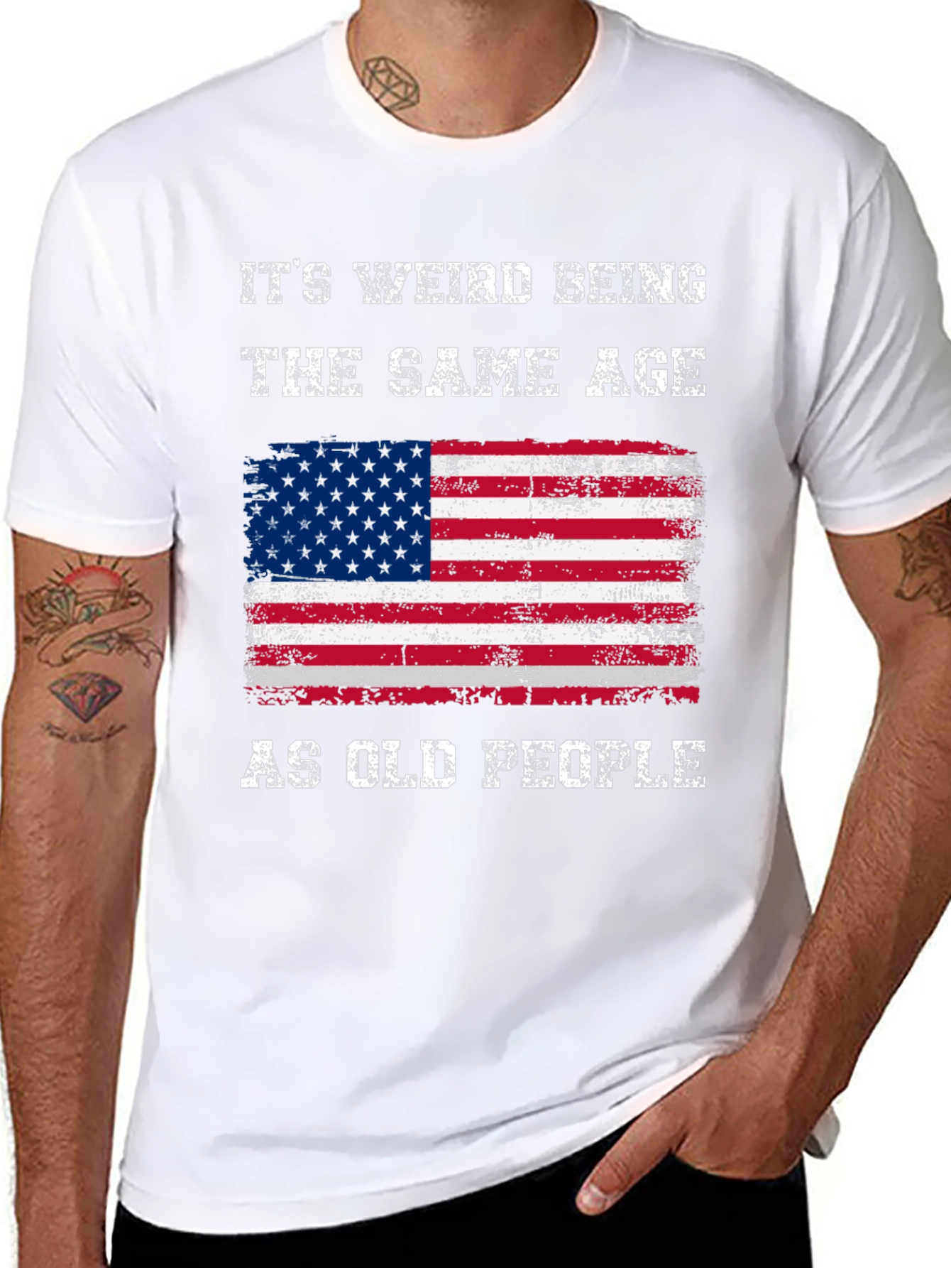 Black Funny American Flag T-Shirt: It's Weird Being The Same Age As Old People view 8