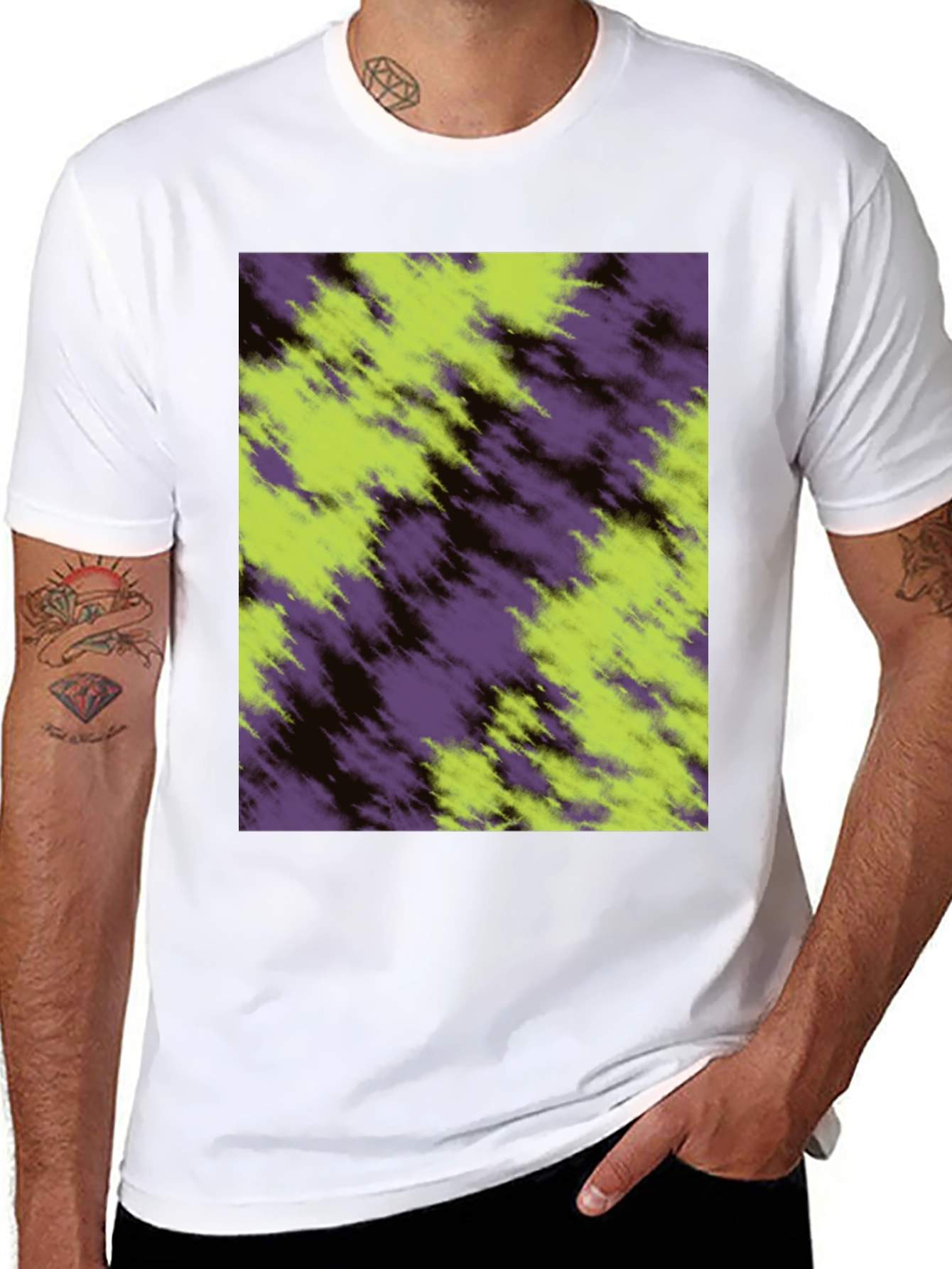 Black Abstract Purple & Green Tee - Casual Style view 8