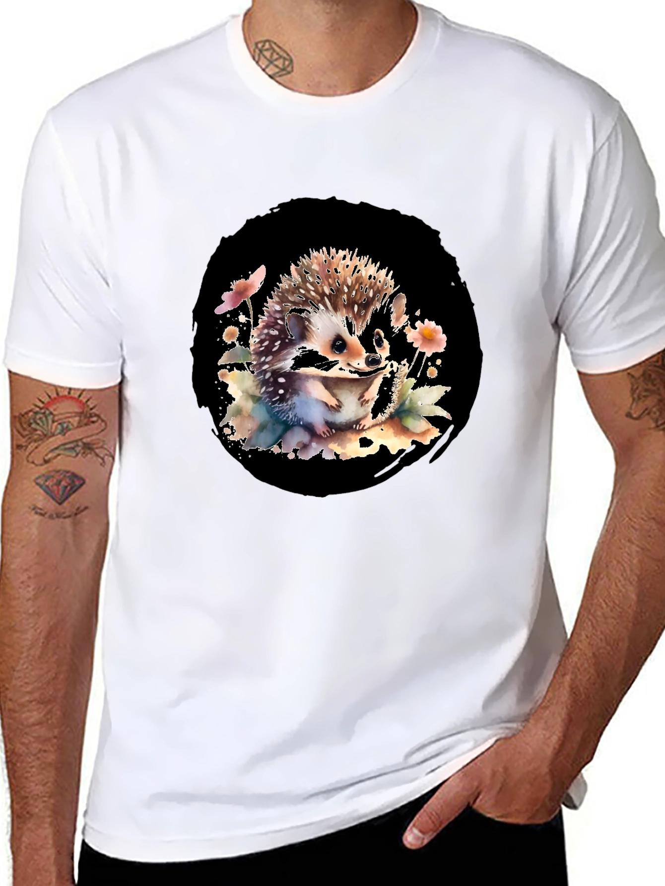 Black Hedgehog Watercolor Graphic Black T-Shirt view 8