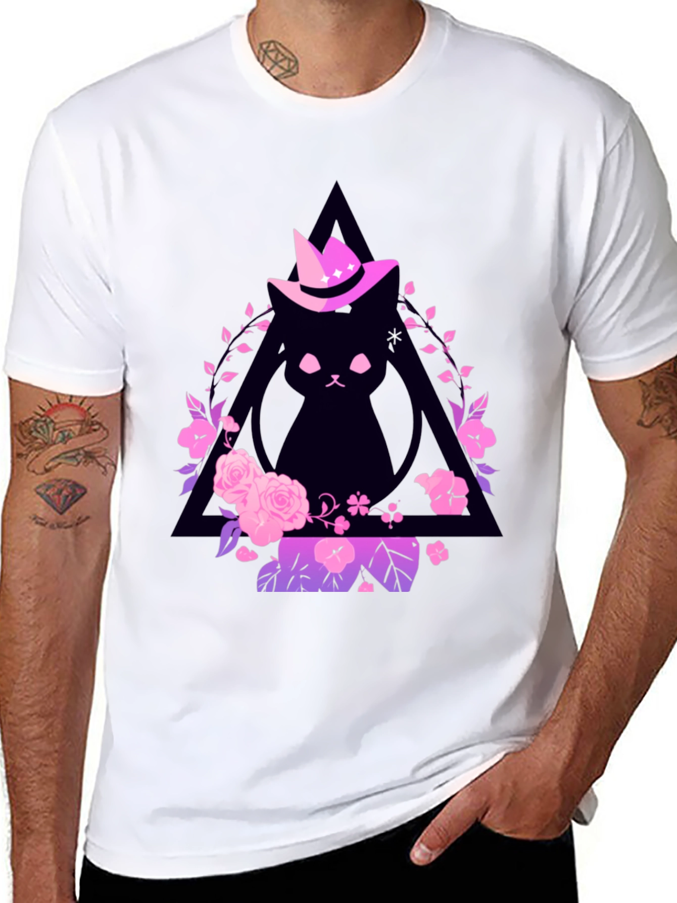 Black Witch Cat Graphic Tee - Floral Triangle Design view 8