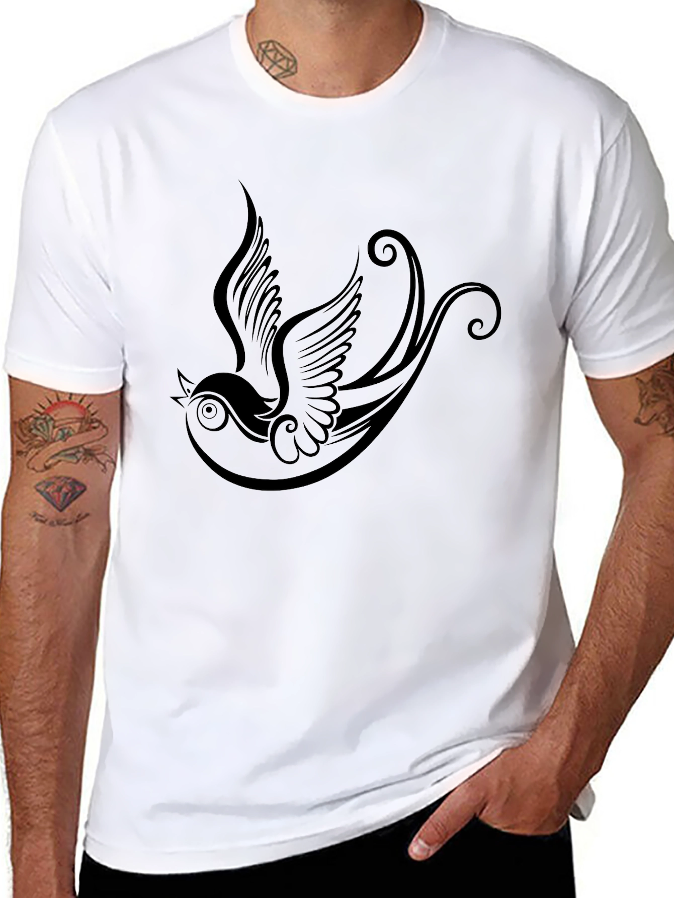Black Black T-Shirt with Bird Tattoo Design view 8