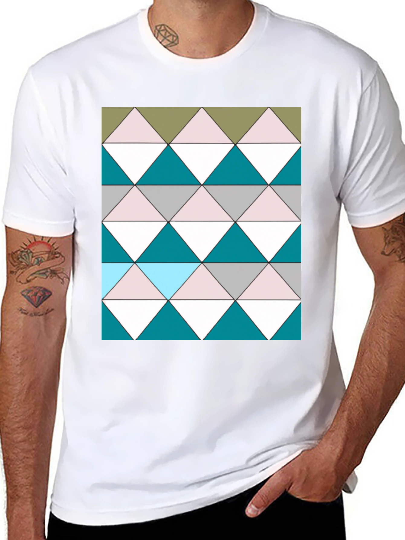 Black Geometric Triangle Pattern Black T-Shirt view 8