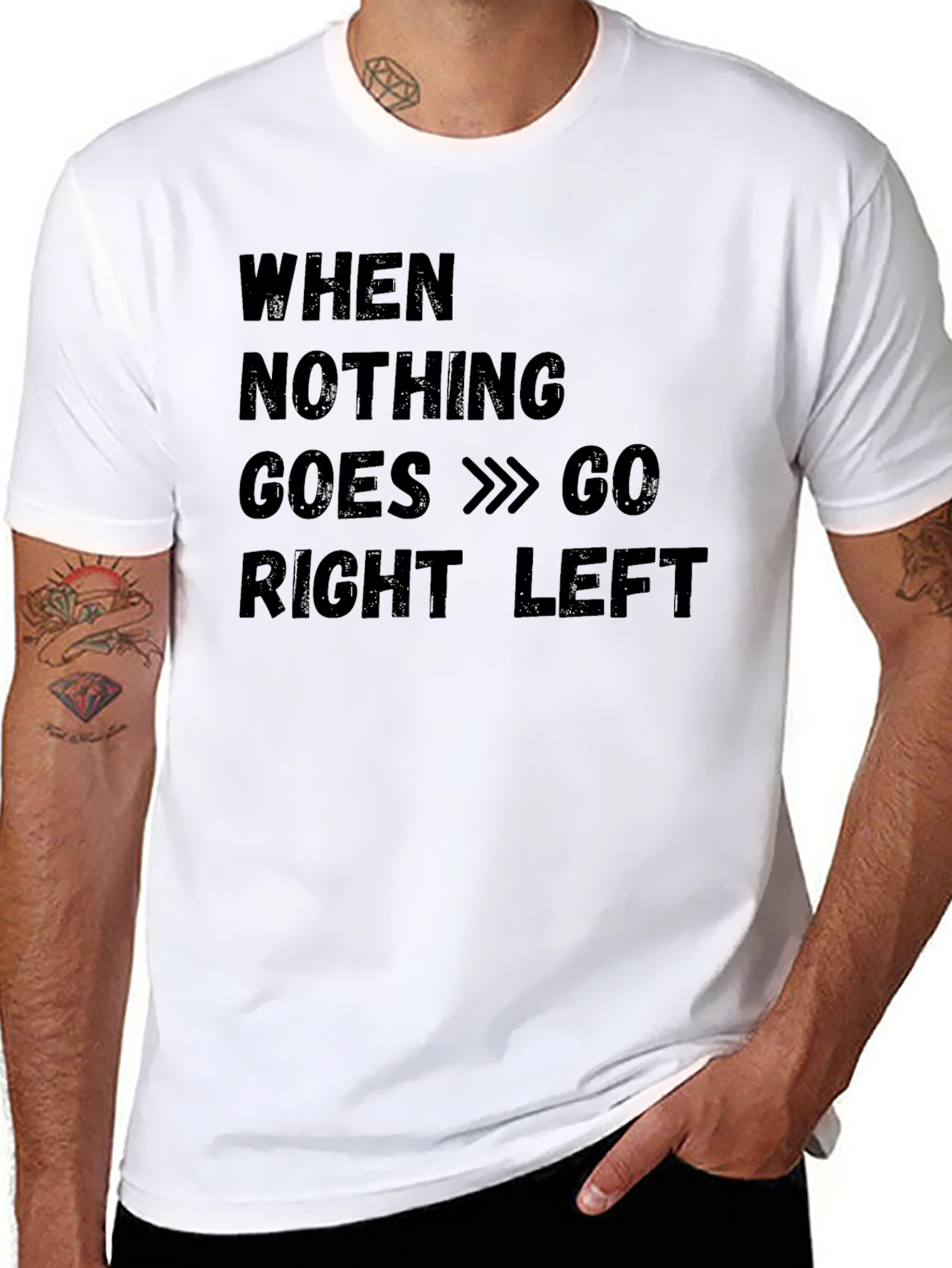 Black Funny "Go Right Left" Black Cotton T-Shirt view 8