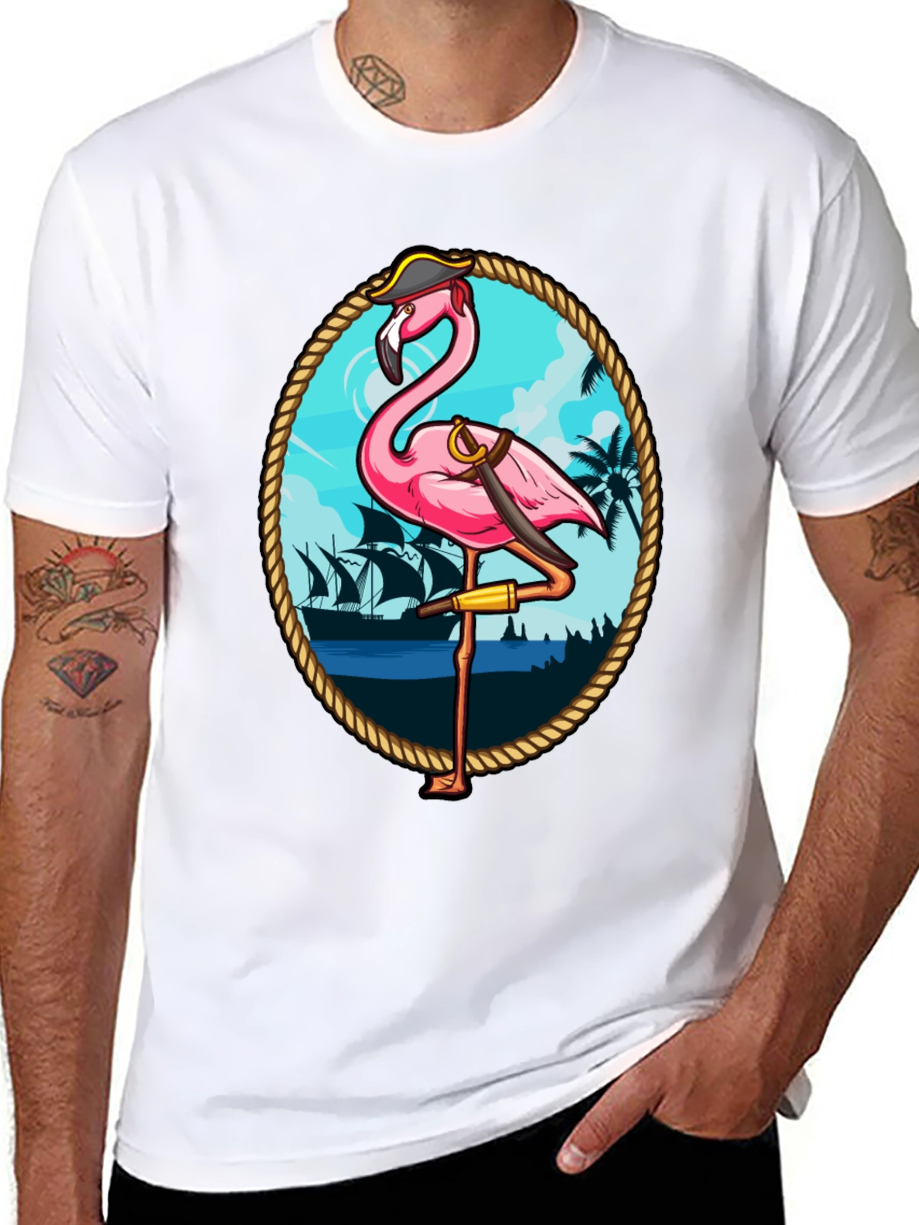 Black Pirate Flamingo Graphic T-Shirt - Tropical Humor Tee view 8