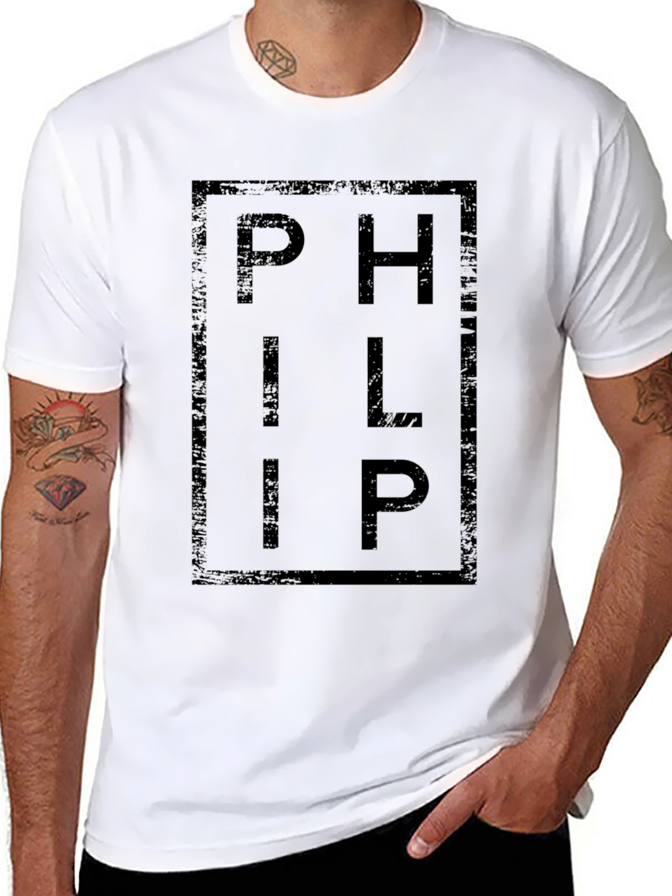 Black PHILIP Graphic Print Crew Neck T-Shirt view 8