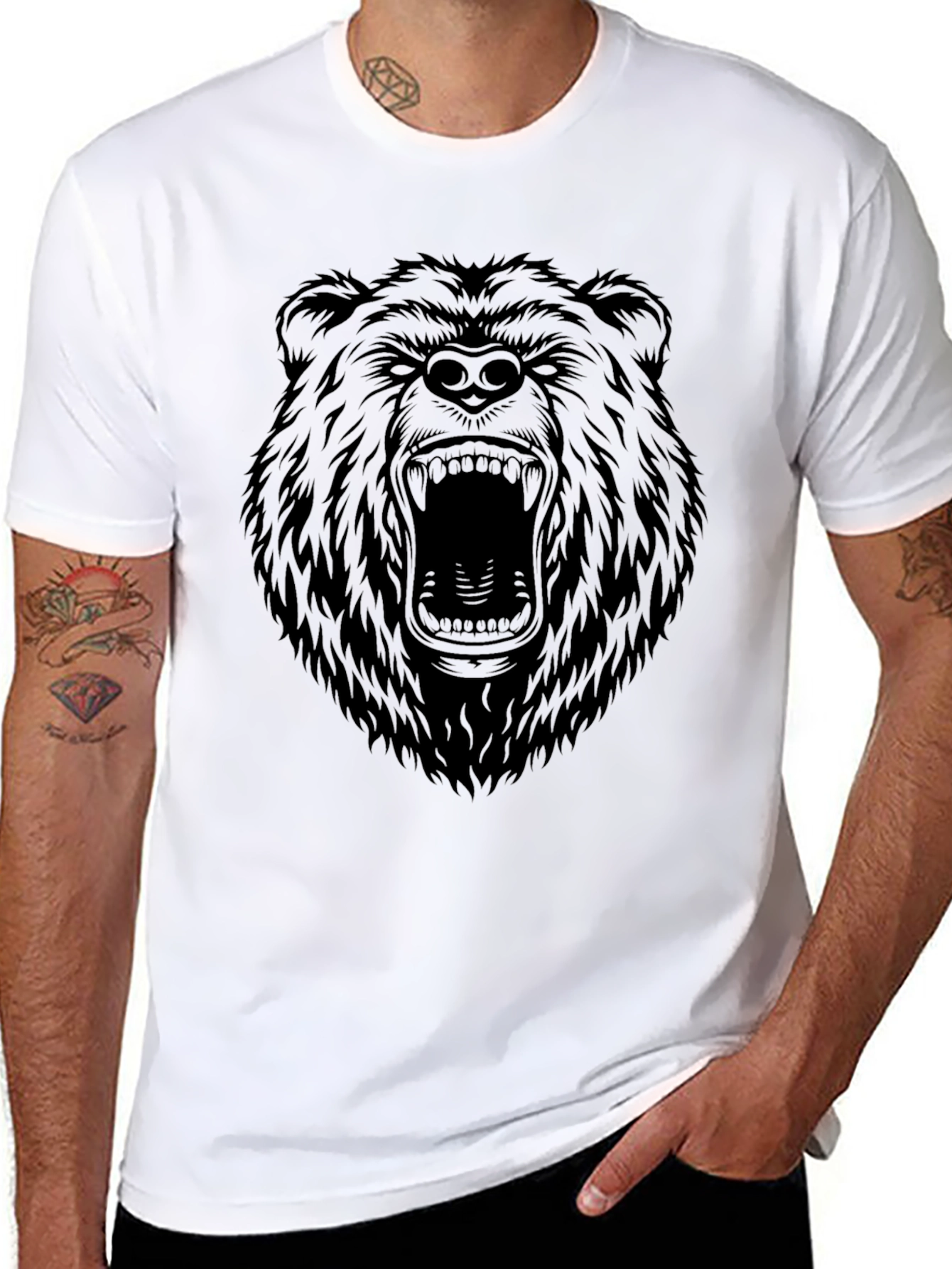 Black Men's Black T-Shirt with Roaring Bear Graphic view 8