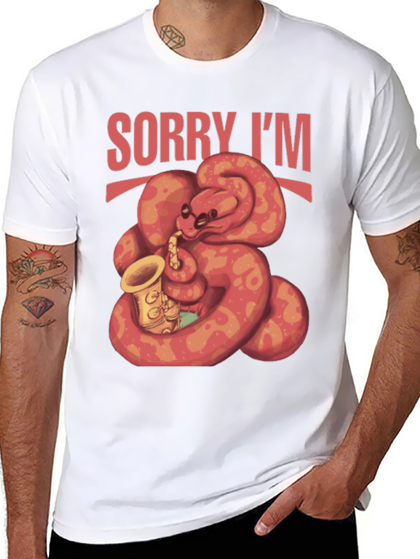 Black Sorry I'm Late Snake Saxophone T-Shirt view 8