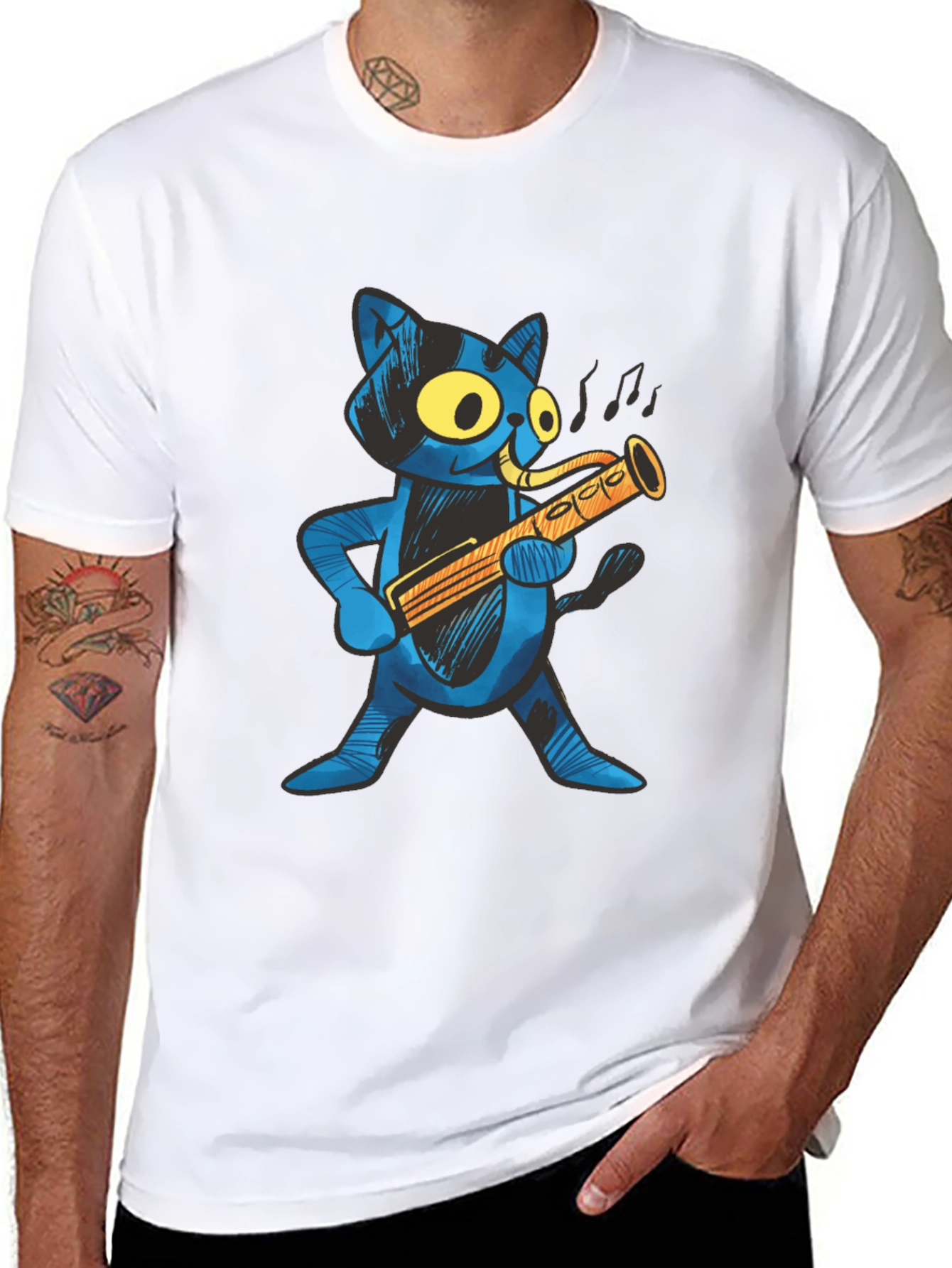 Black Cool Cat Saxophone Player T-Shirt view 8