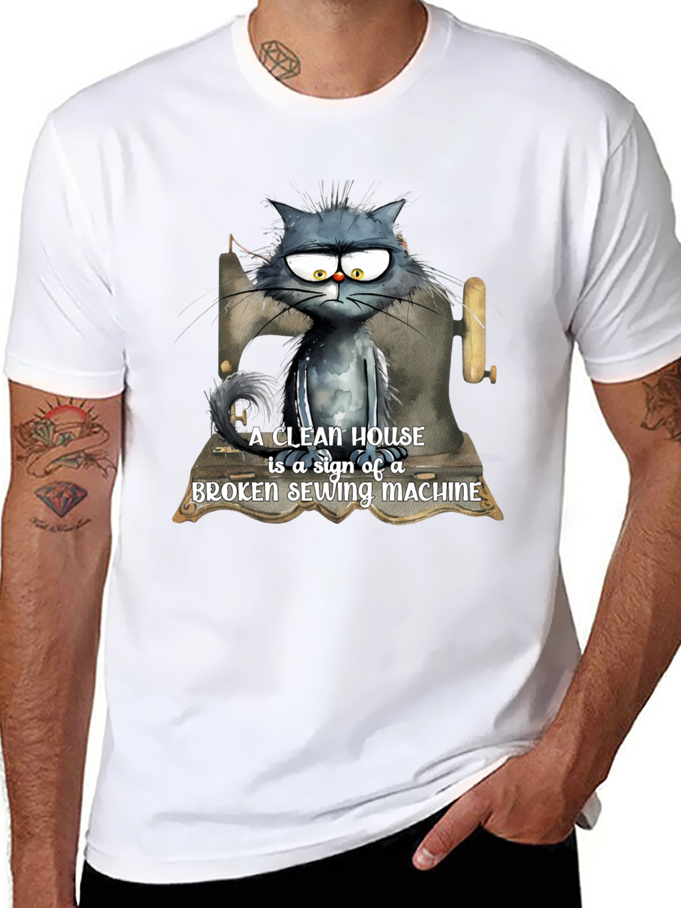 Black Cat & Sewing Machine T-Shirt - Humorous Design view 8