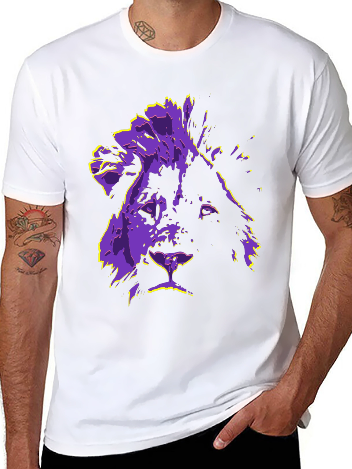 Black Lion Graphic Tee - Purple & Yellow Print T-Shirt view 8
