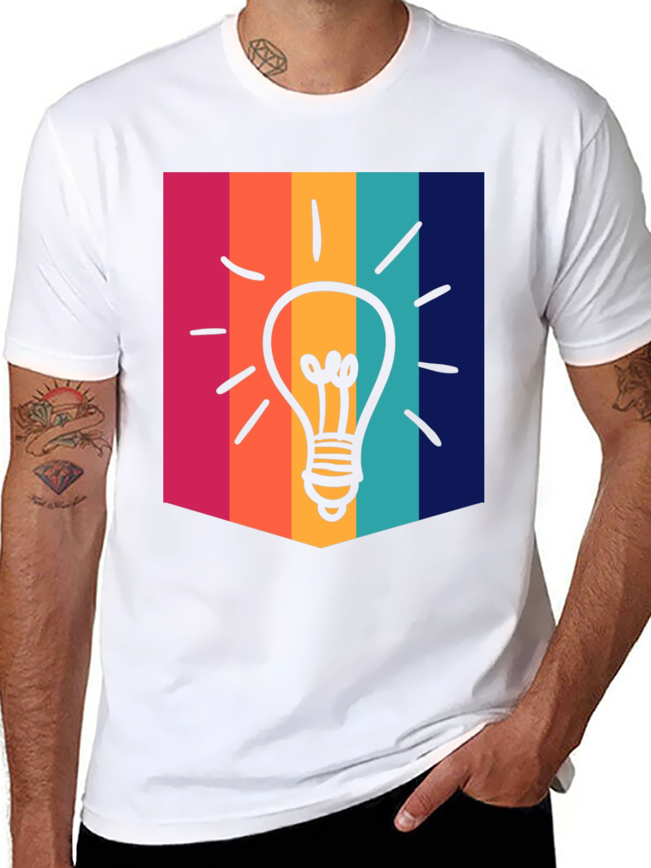Black Creative Idea Bulb Colorful Stripe T-Shirt view 8
