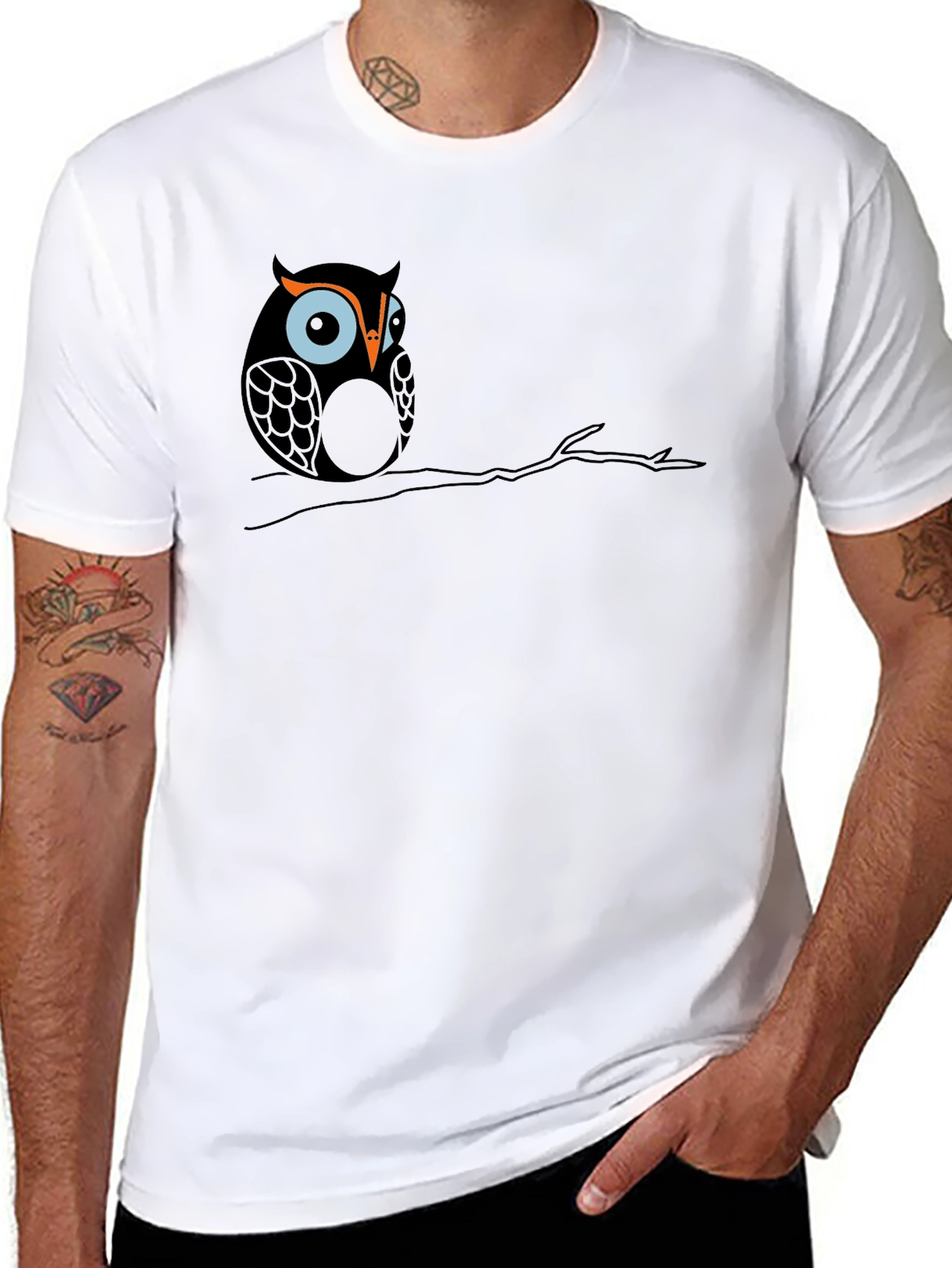 Black Owl on Branch Graphic Tee - Black Cotton T-Shirt view 8
