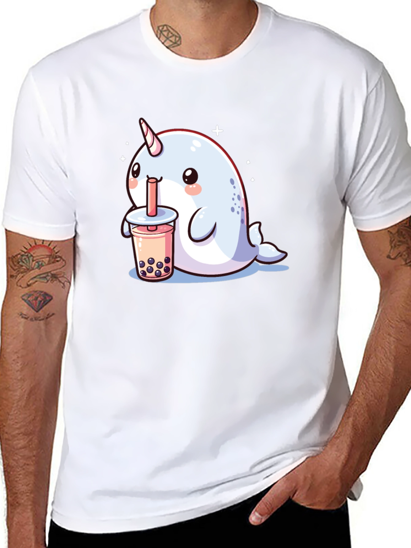 Black Cute Narwhal Boba Tea Graphic T-Shirt view 8