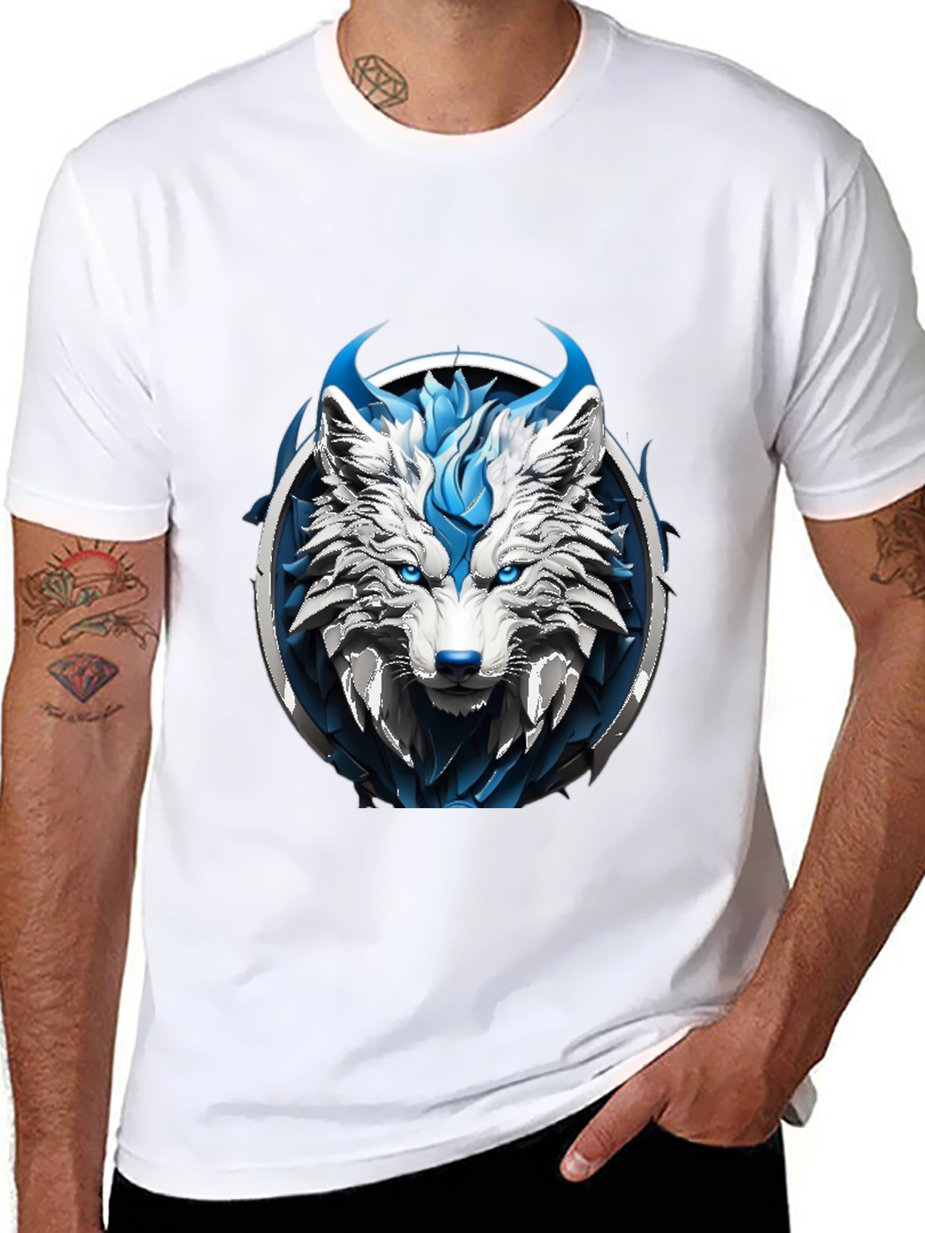 Black Abstract Blue Wolf Graphic Tee view 8
