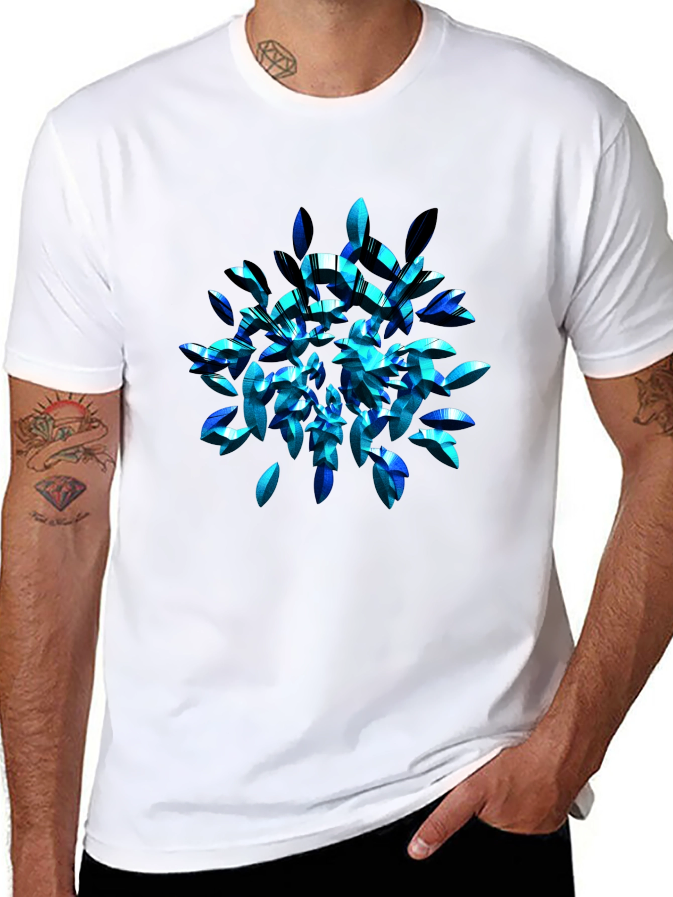 Black Abstract Blue Leaf T-Shirt - Modern Graphic Tee view 8