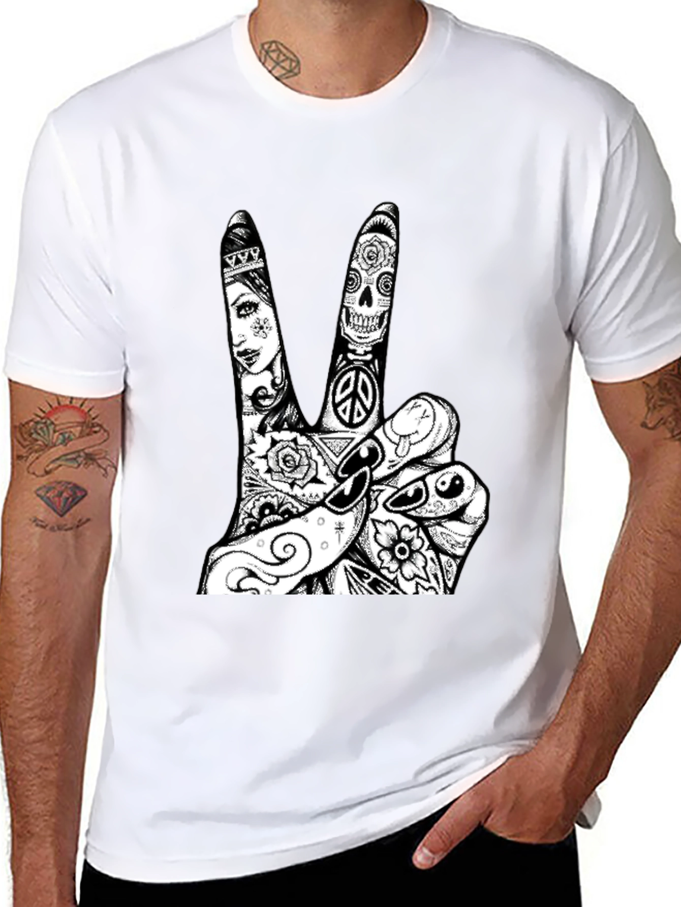 Black Peace Sign Tattoo Graphic Tee - Black Cotton T-Shirt view 8