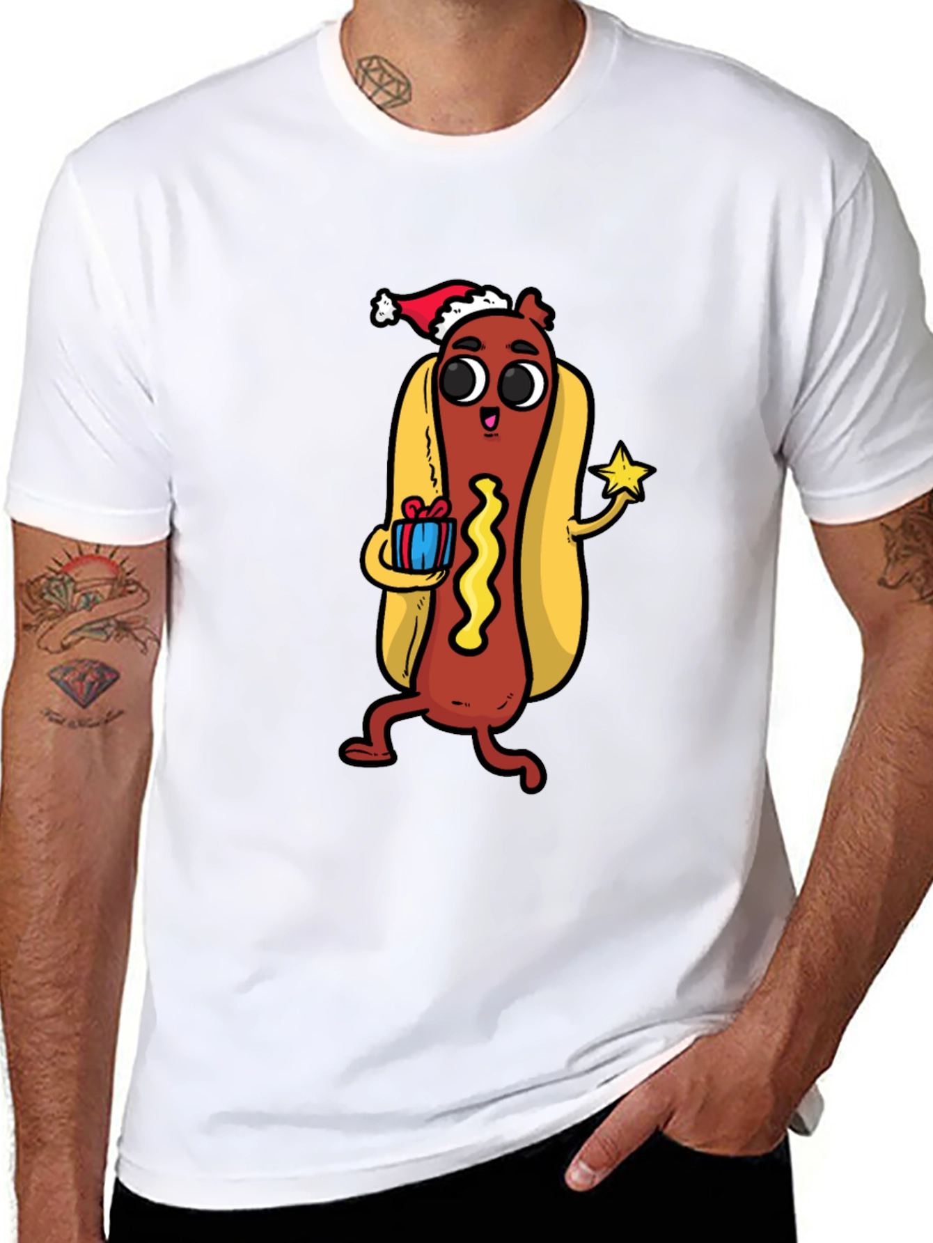 Black Festive Hot Dog Graphic Tee - Holiday Fun! view 8