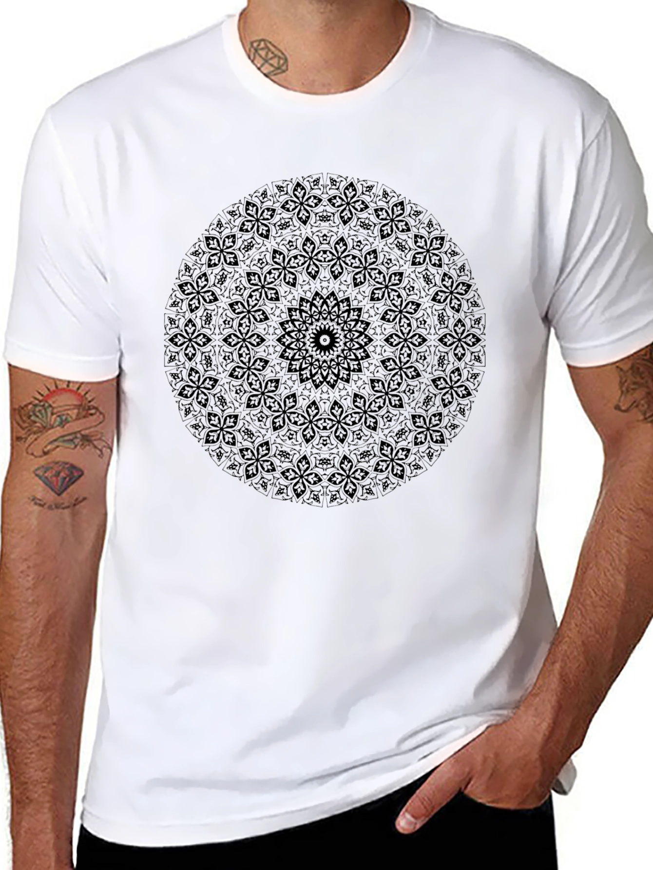 Black Black Mandala Graphic T-Shirt - Stylish Round Design view 8