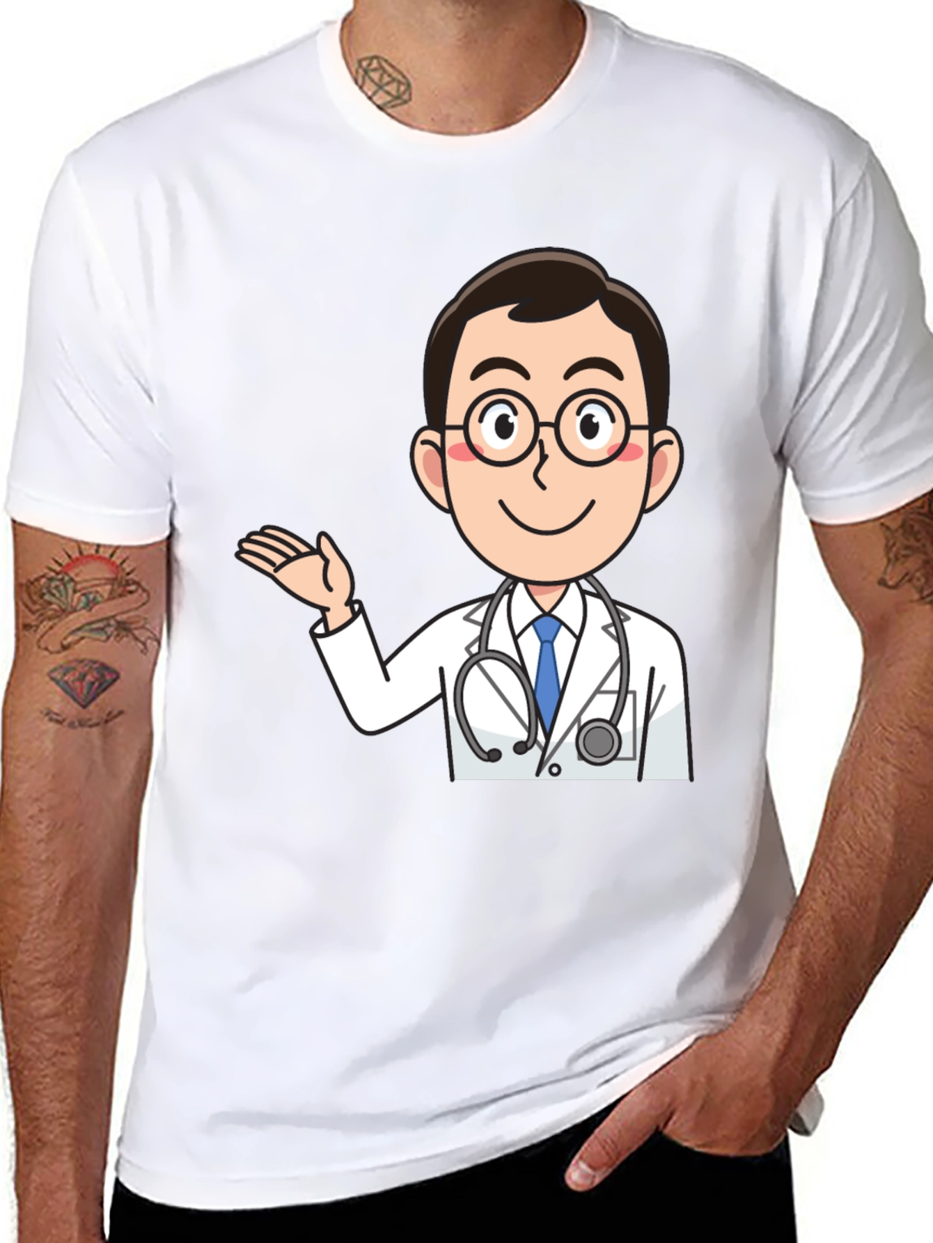 Black Cartoon Doctor Graphic T-Shirt - Black Cotton Tee view 8
