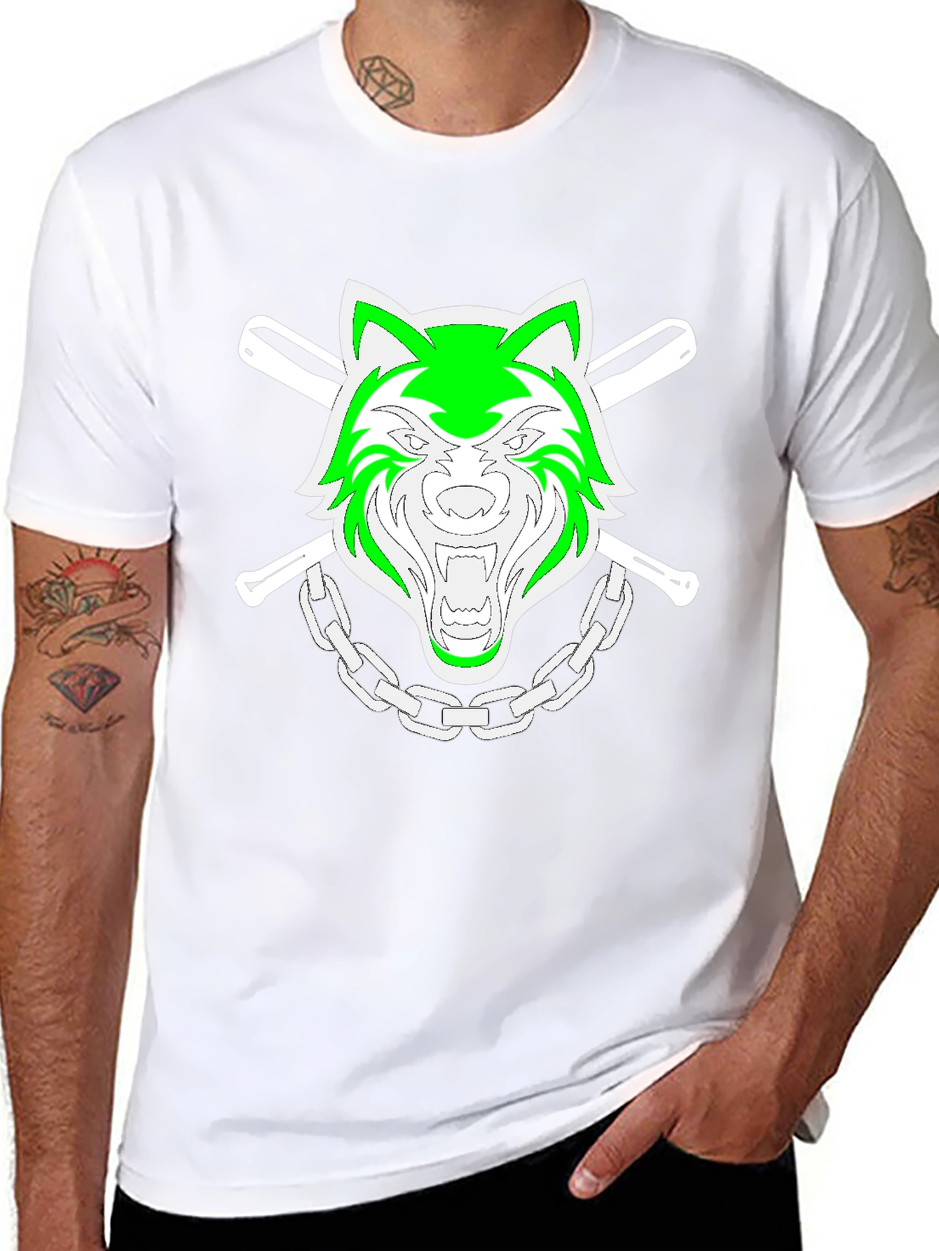 Black Green Wolf Graphic Black T-Shirt view 8