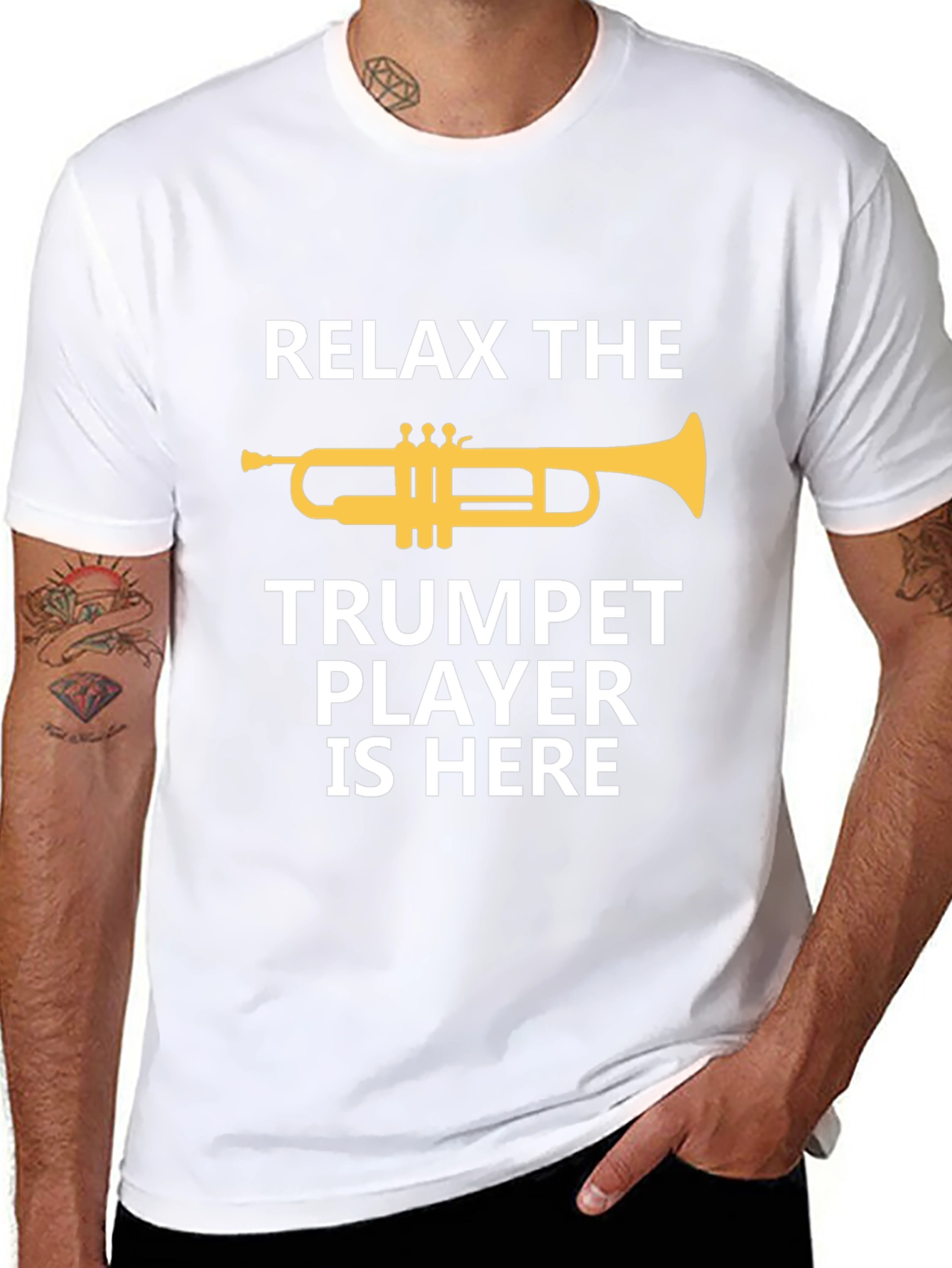 Black Relax Trumpet Player Here - Musician Graphic Tee view 8