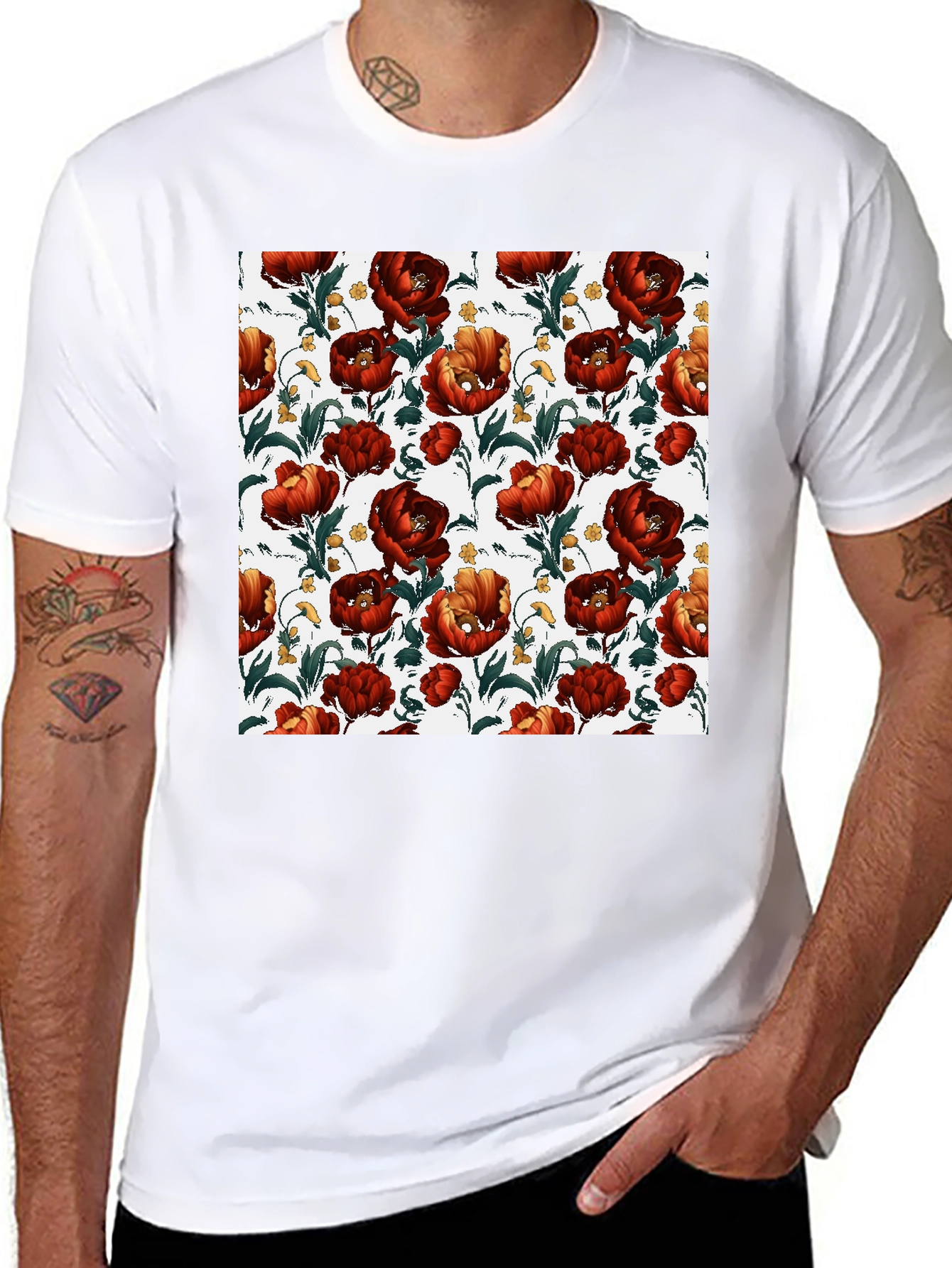 Black Floral Print Crew Neck T-Shirt - Bold Red Blooms view 8