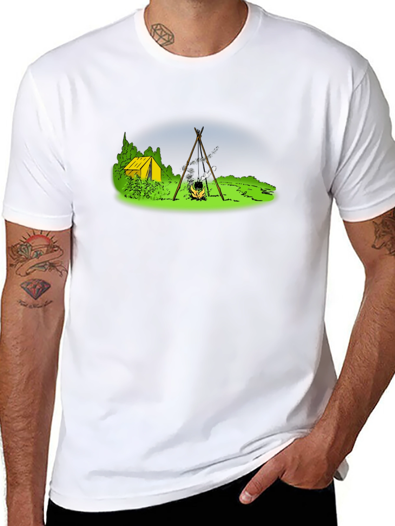 Black Camping T-Shirt - Tent & Bonfire Graphic Tee view 8