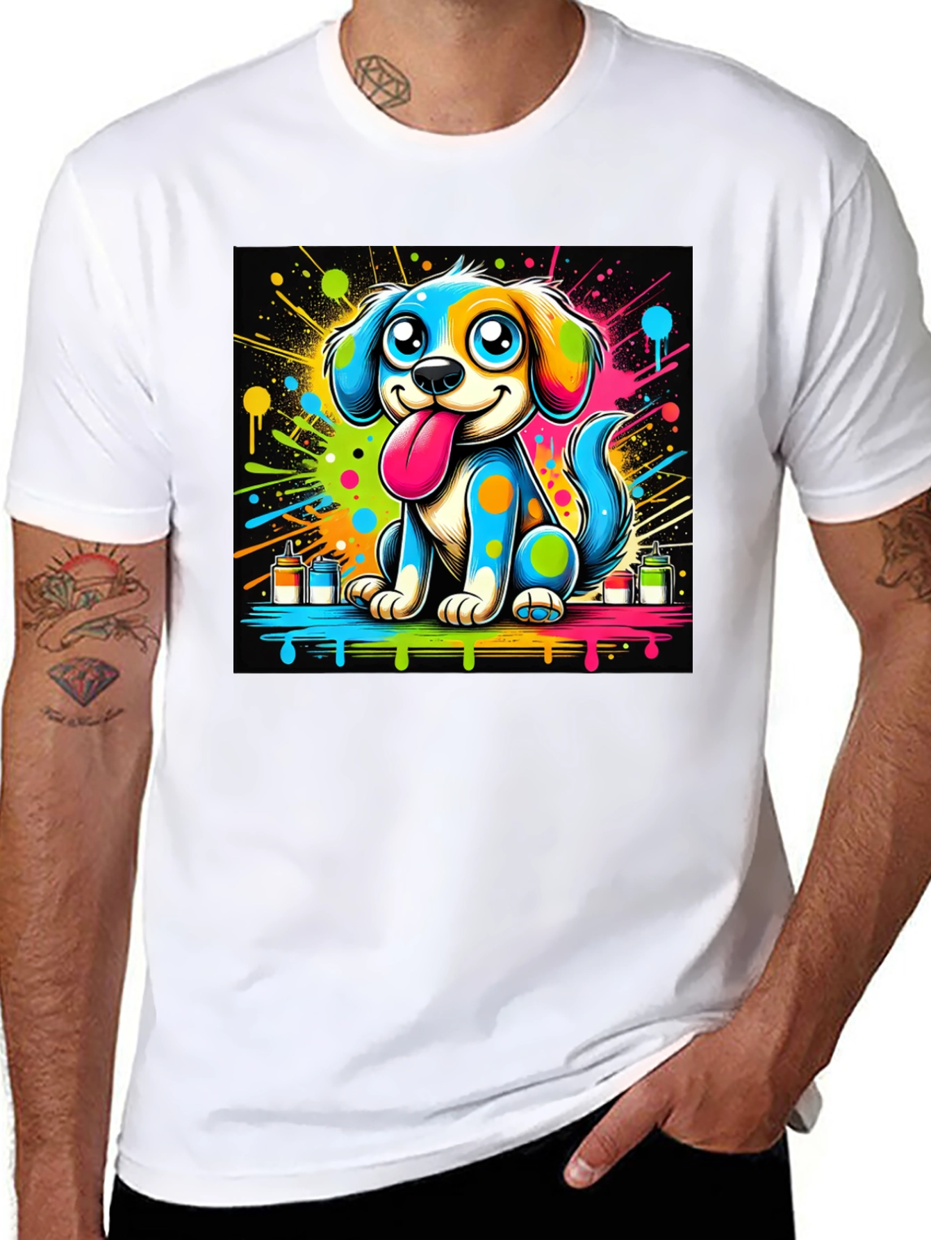 Black Colorful Cartoon Dog Graphic Tee view 8