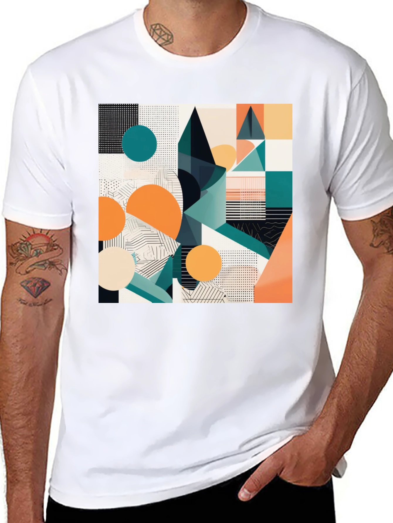 Black Abstract Geometric Print Black T-Shirt view 8