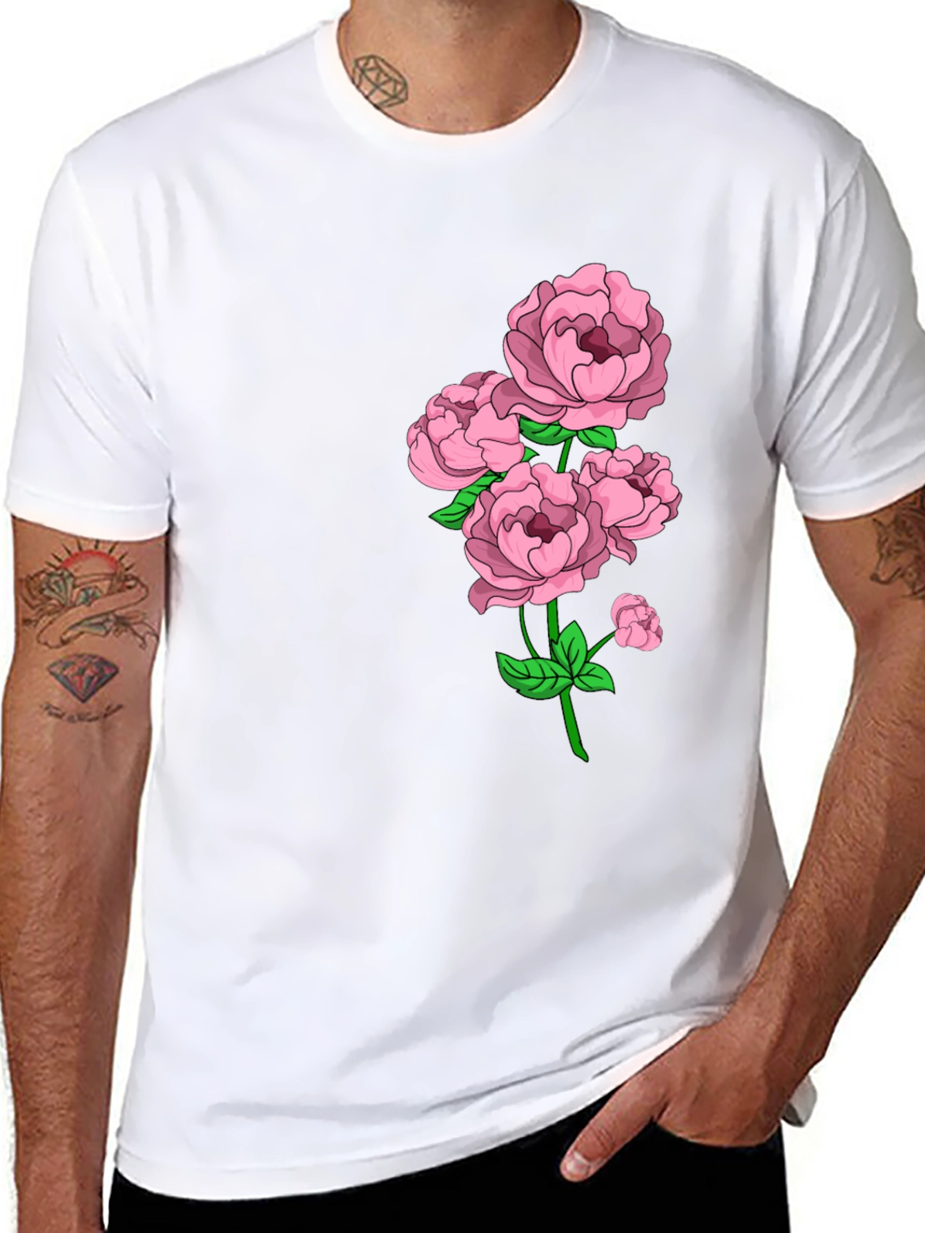 Black Floral Print Crew Neck Tee - Elegant Casual Wear view 8