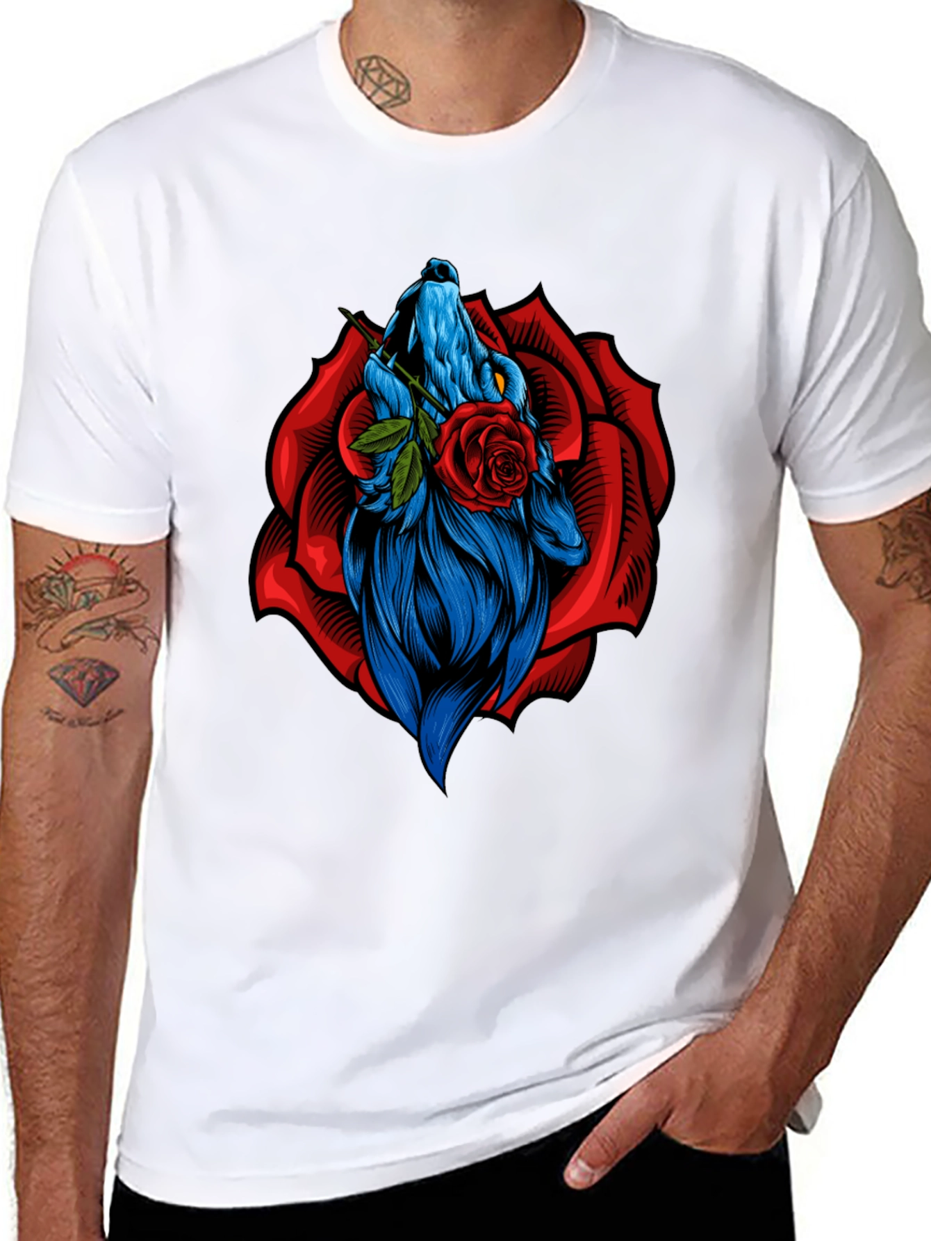 Black Wolf Rose Graphic T-Shirt - Unique Animal Design view 8