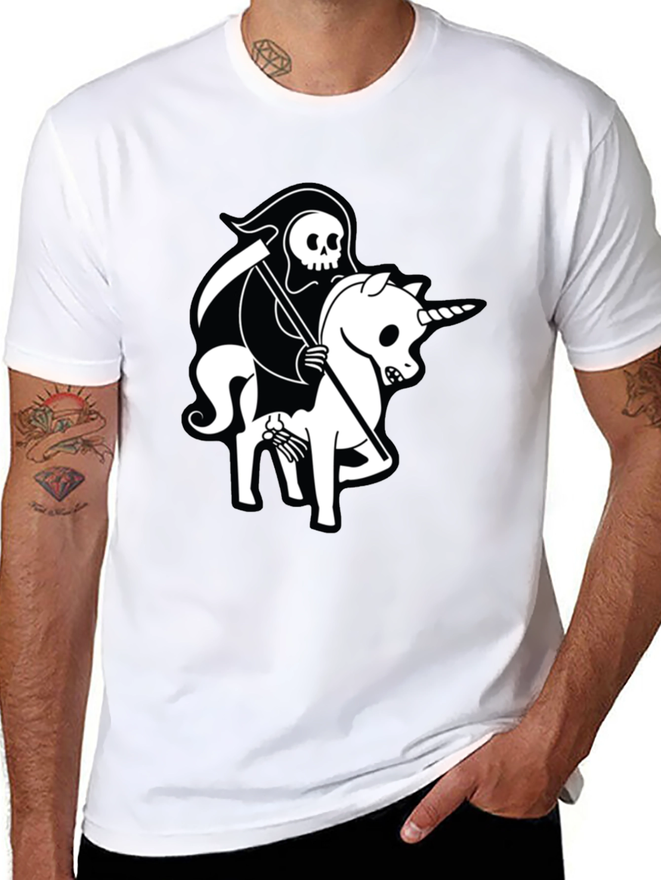 Black Grim Reaper Unicorn Graphic Tee - Black Cotton T-Shirt view 8