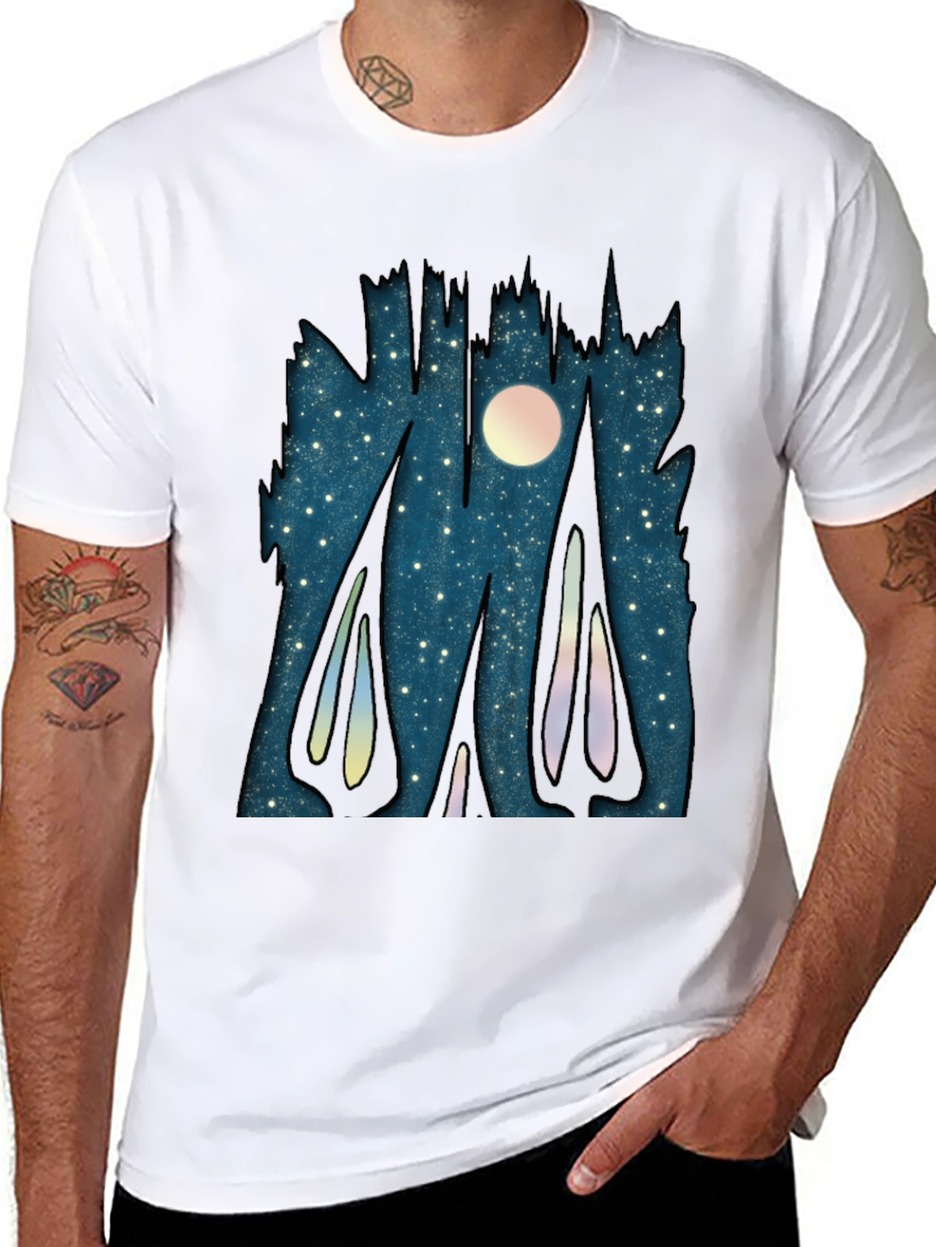 Black Starry Night Forest Graphic T-Shirt view 8