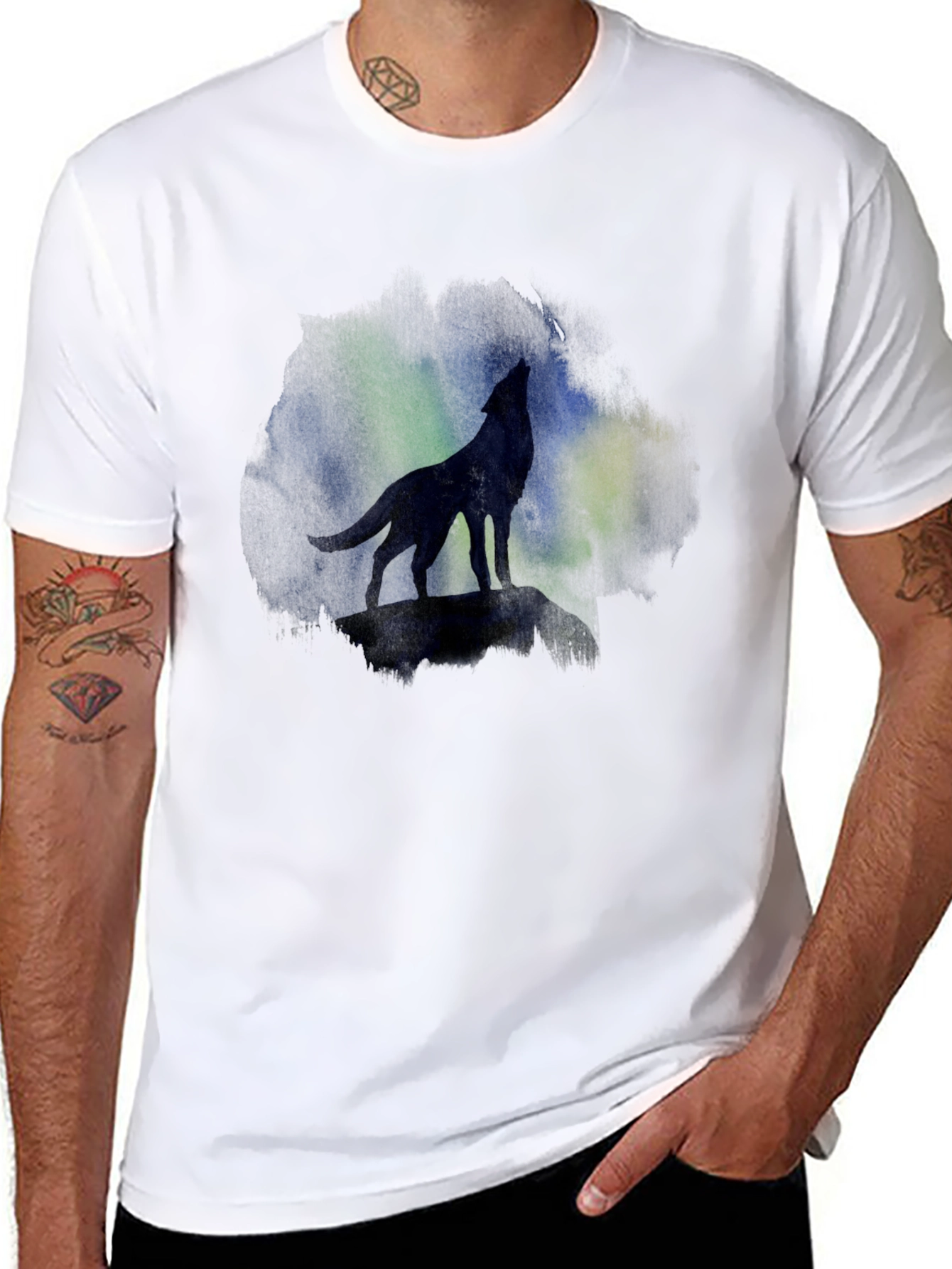 Black Wolf Howling at Aurora Borealis T-Shirt view 8