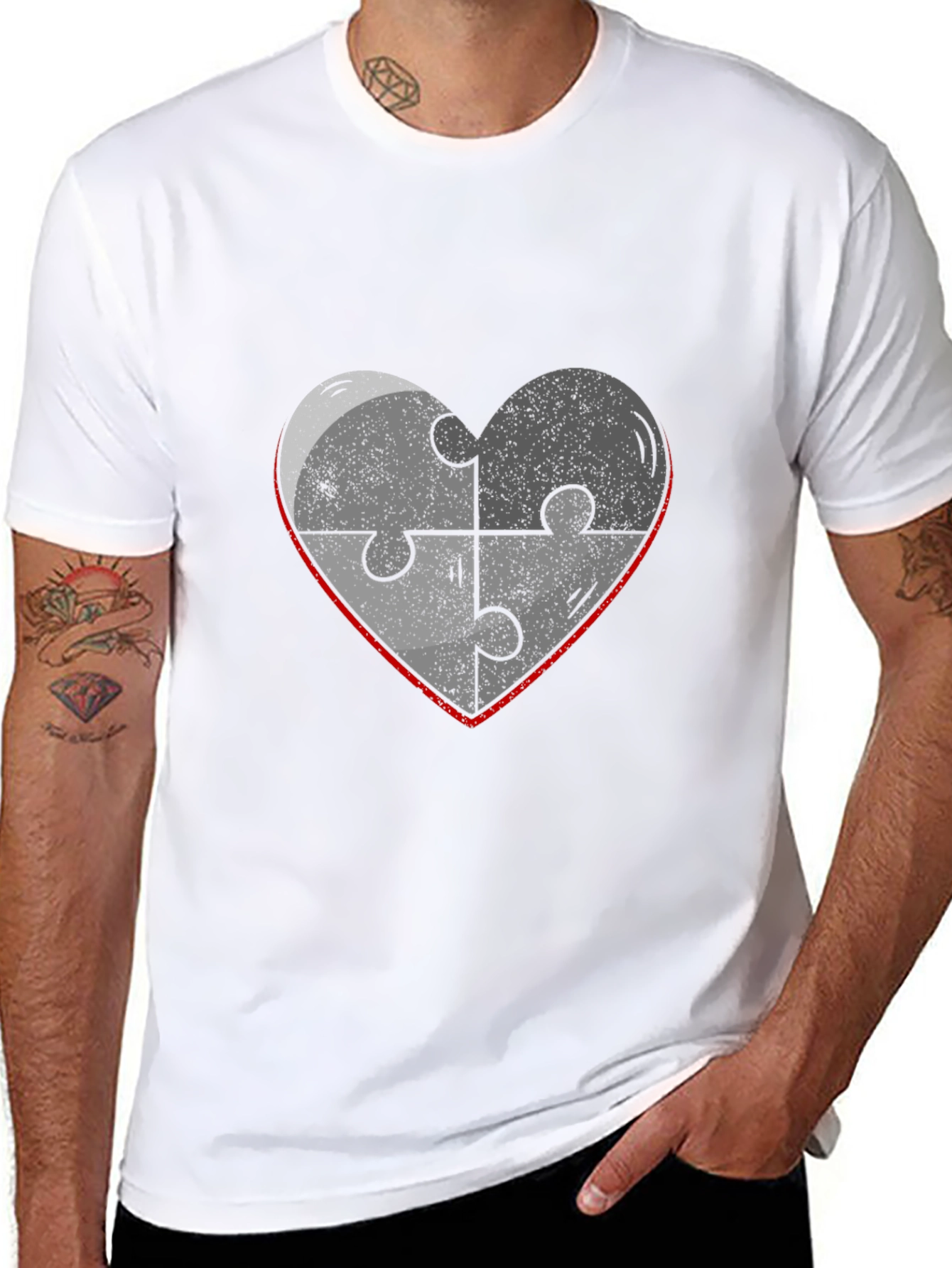 Black Heart Puzzle Piece Graphic Tee - Black Cotton Casual T-Shirt view 8