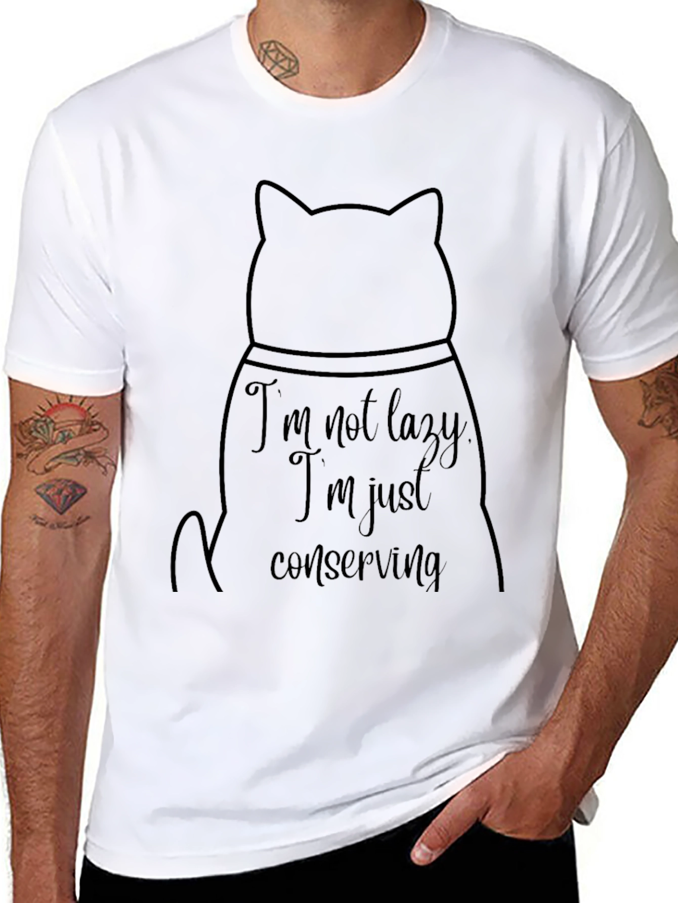 Black Funny Cat Conserving Energy Black T-Shirt view 8