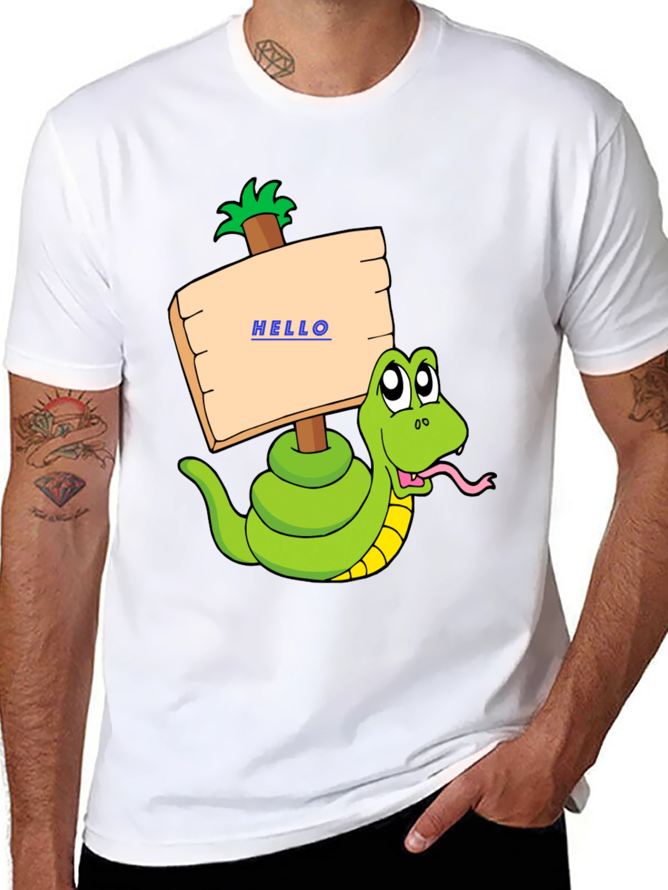 Black Funny Snake Graphic T-Shirt - Hello Sign view 8