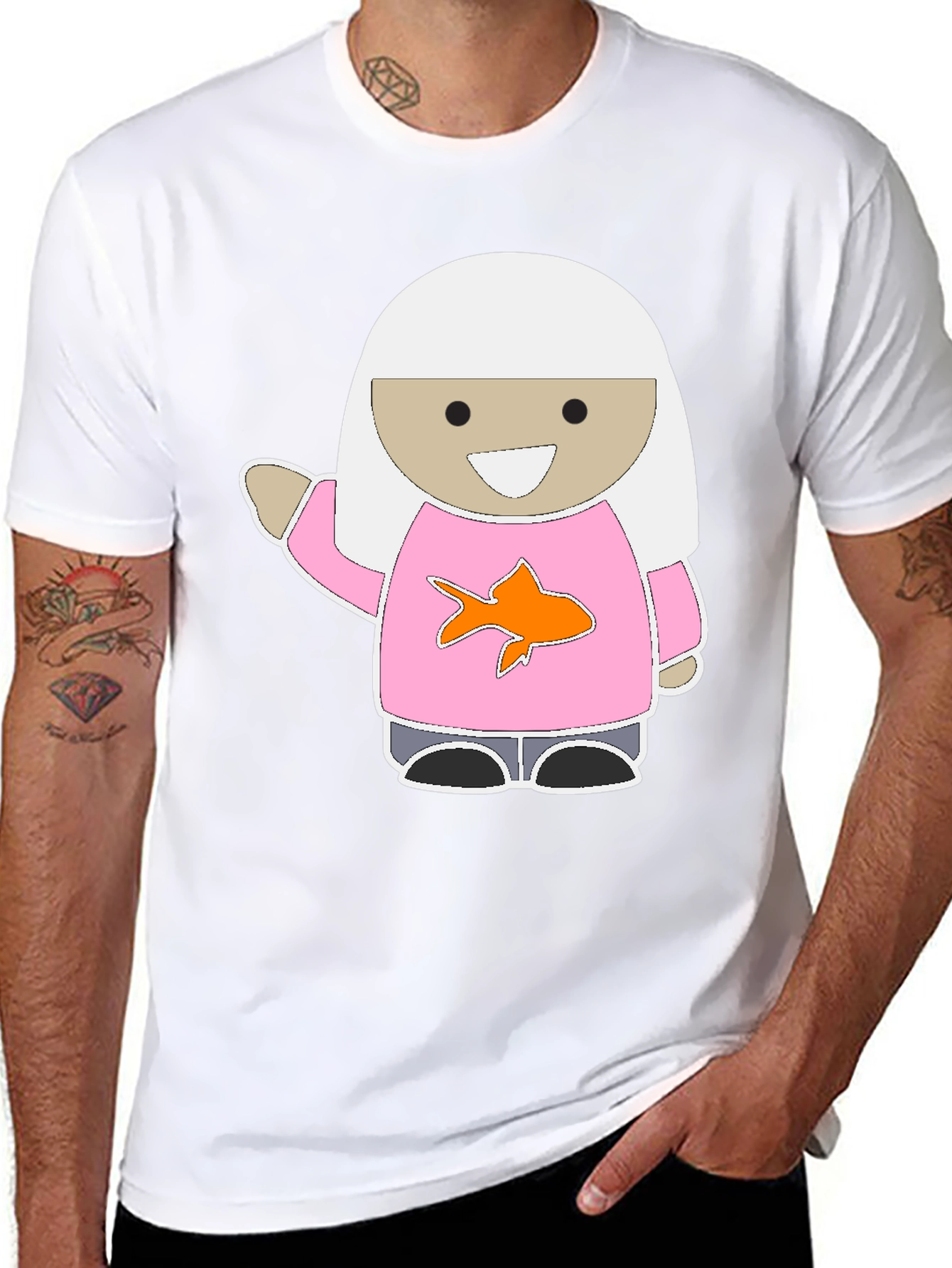 Black Cute Cartoon Girl Pink Fish T-Shirt view 8