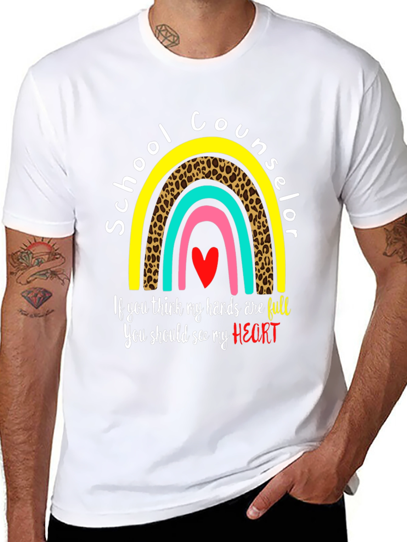 School Counselor T-Shirt: Full Heart, Rainbow Design - 8