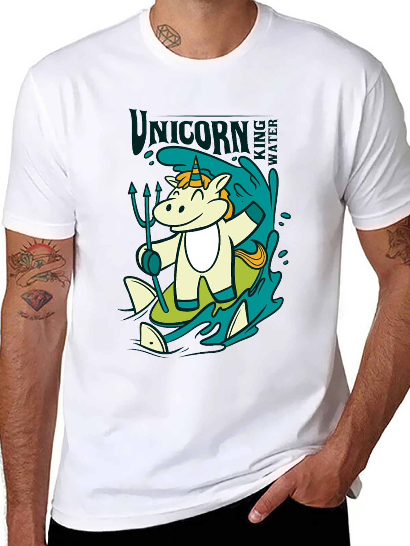 Black Unicorn Surfing T-Shirt: Cartoon Graphic Tee view 8