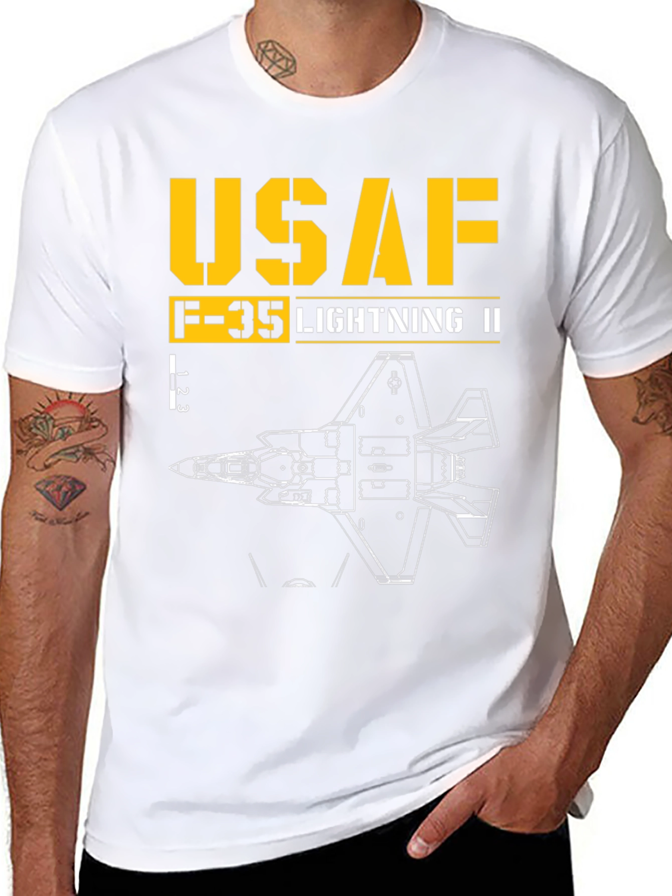 Black USAF F-35 Lightning II Blueprint T-Shirt view 8