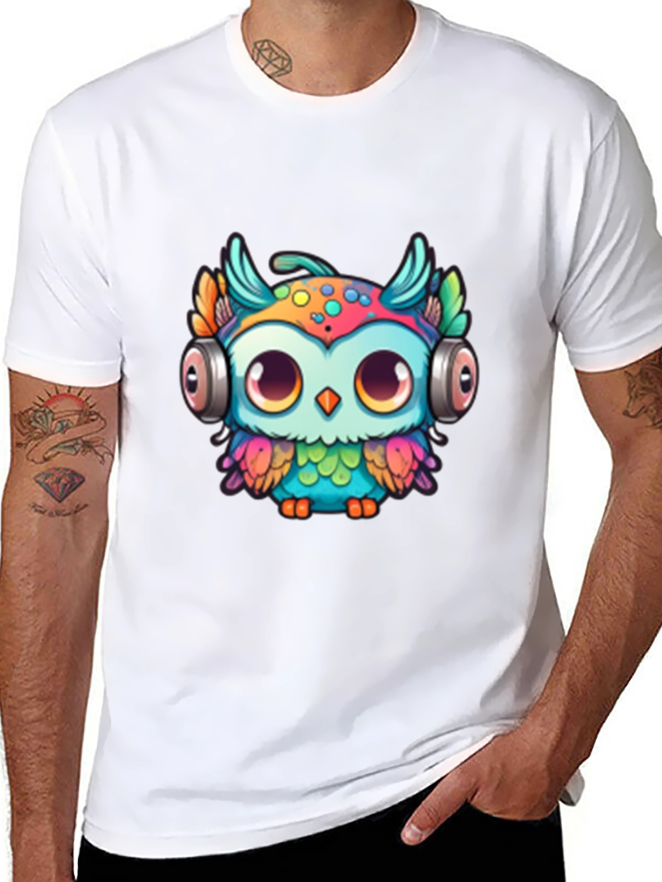 Black Owl with Headphones Graphic Tee - Black view 8