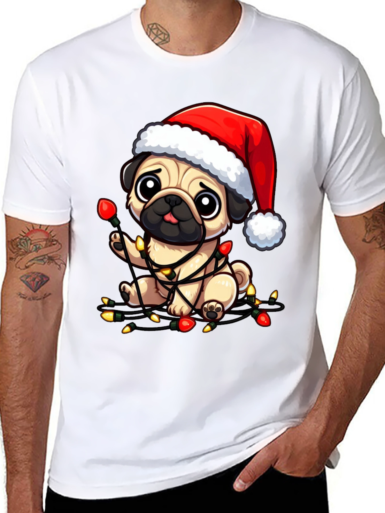 Black Festive Pug Christmas Lights Graphic Tee view 8