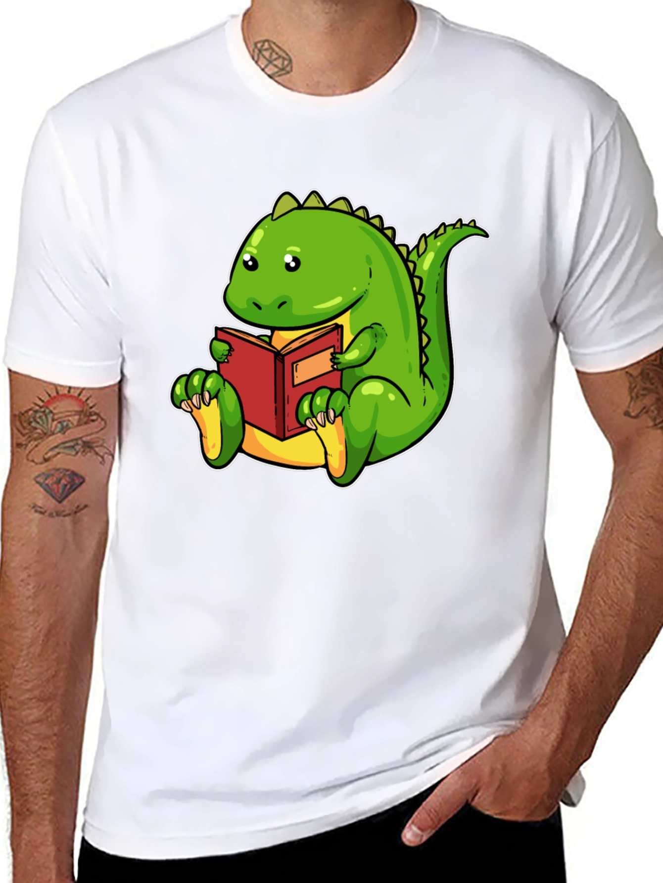 Black Dinosaur Reading Book Black T-Shirt view 8