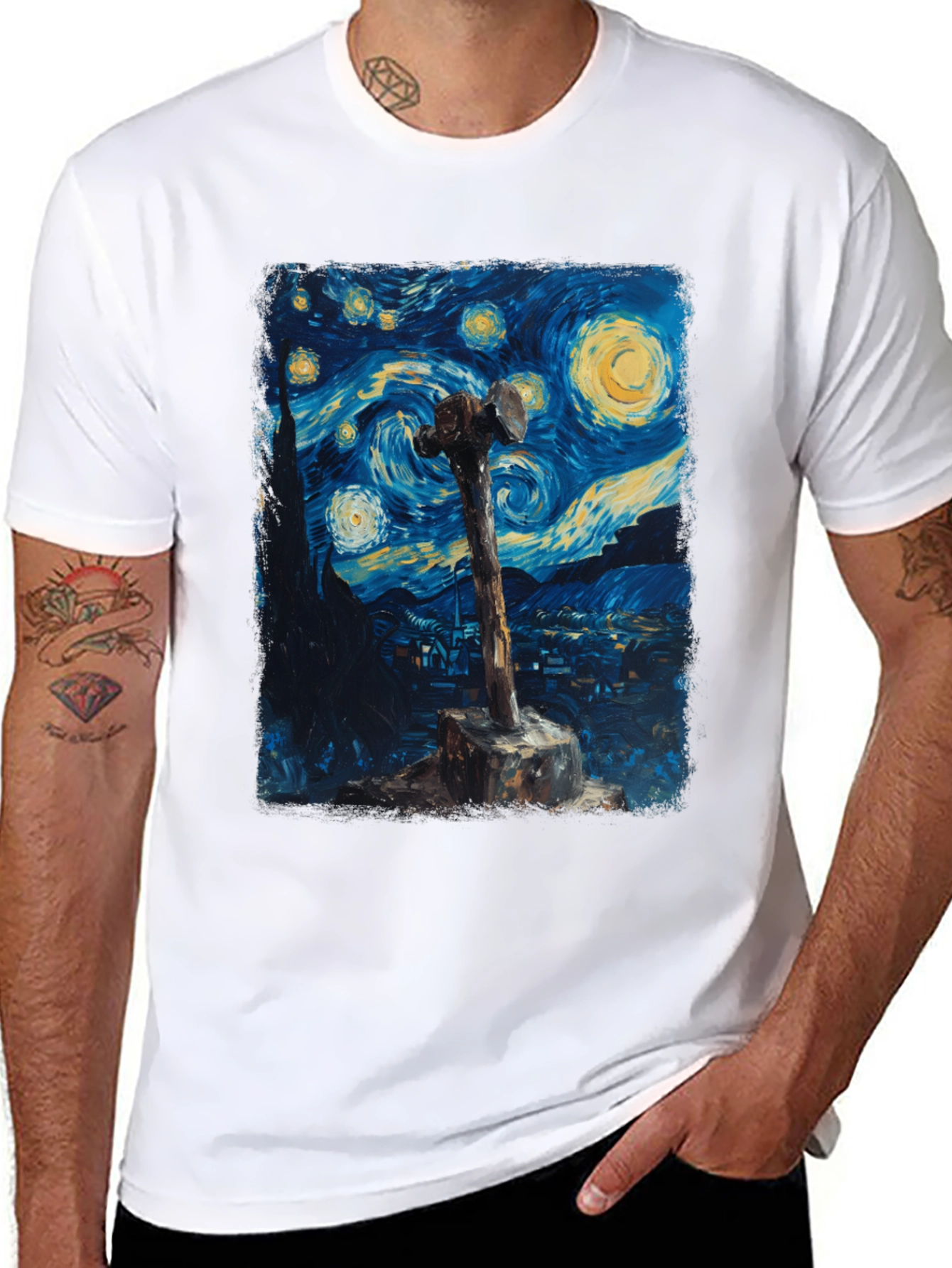 Black Starry Night Hammer Graphic Tee view 8