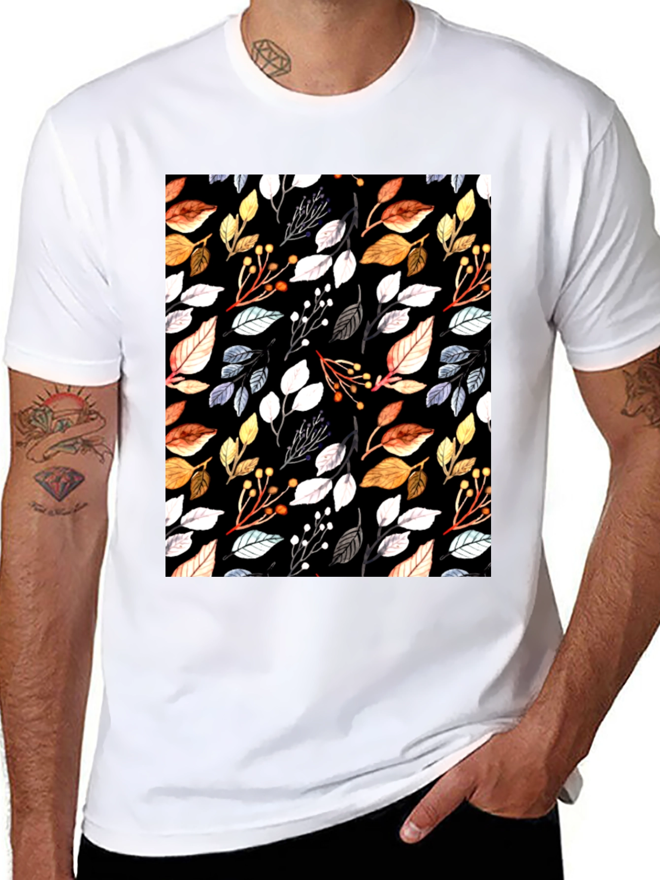 Black Autumn Leaf Print Black T-Shirt view 8