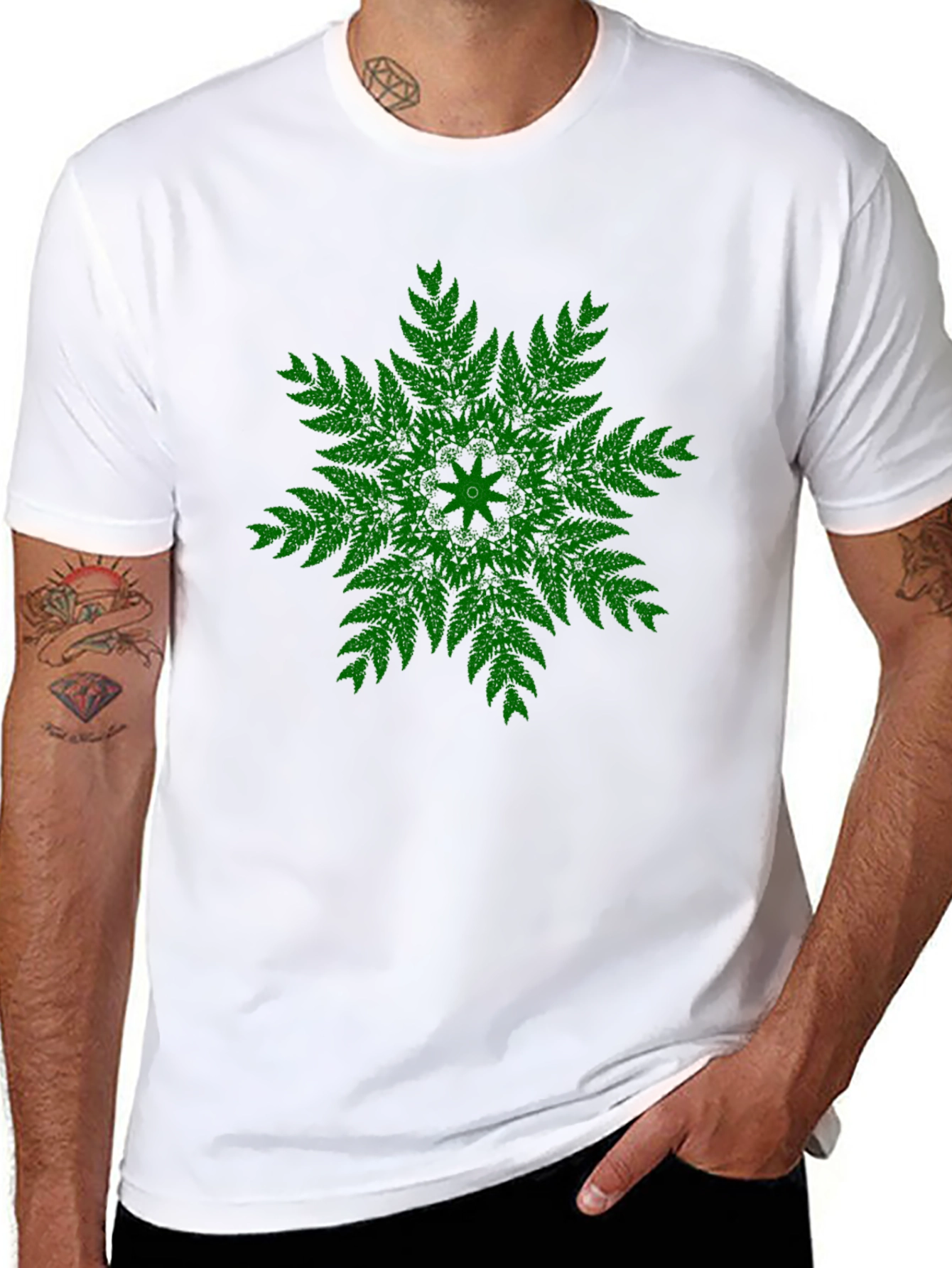 Black Green Fern Mandala Black T-Shirt - Unique Design view 8
