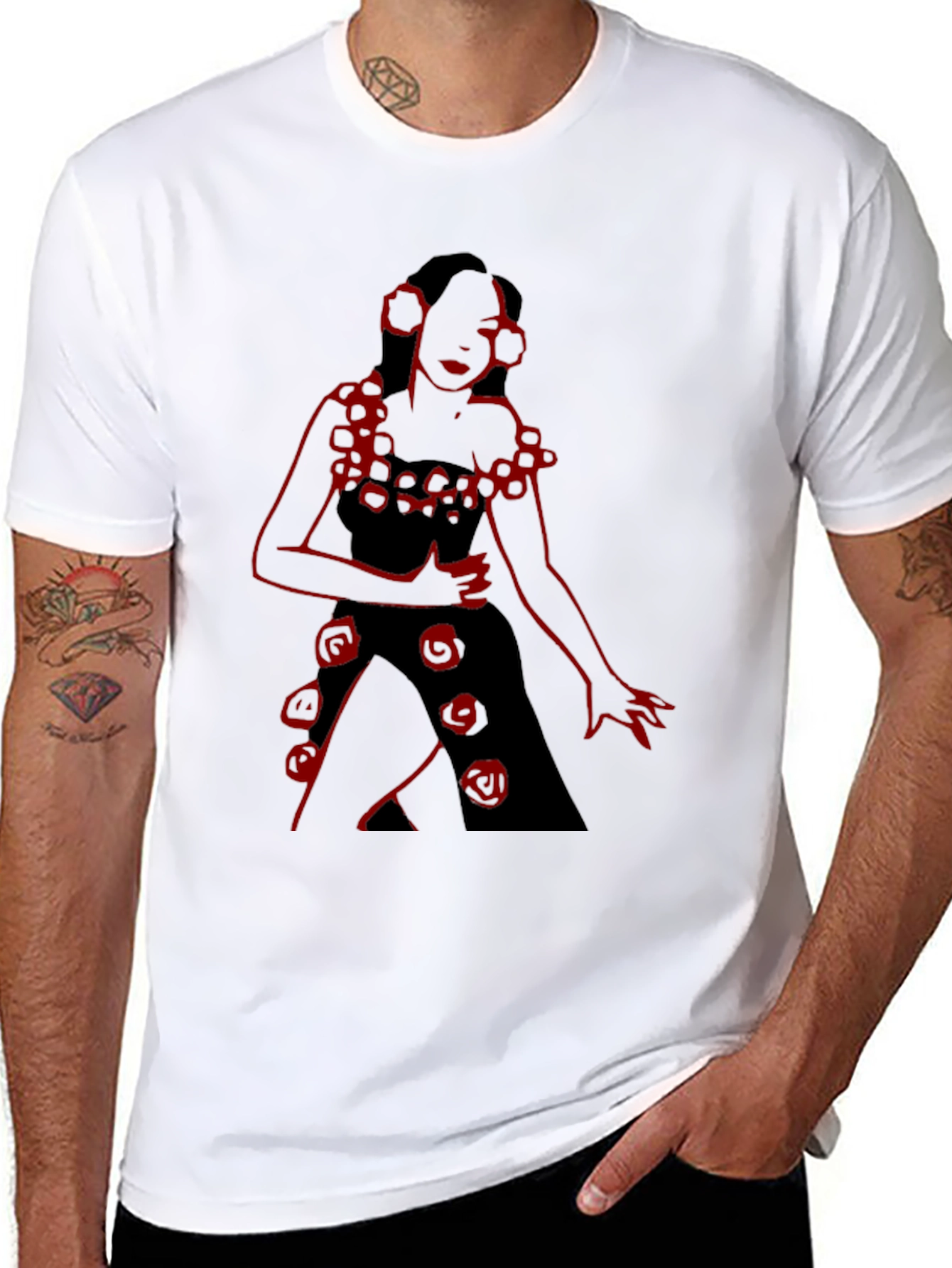 Black Unique Black T-Shirt with Red Rose Lady Design view 8