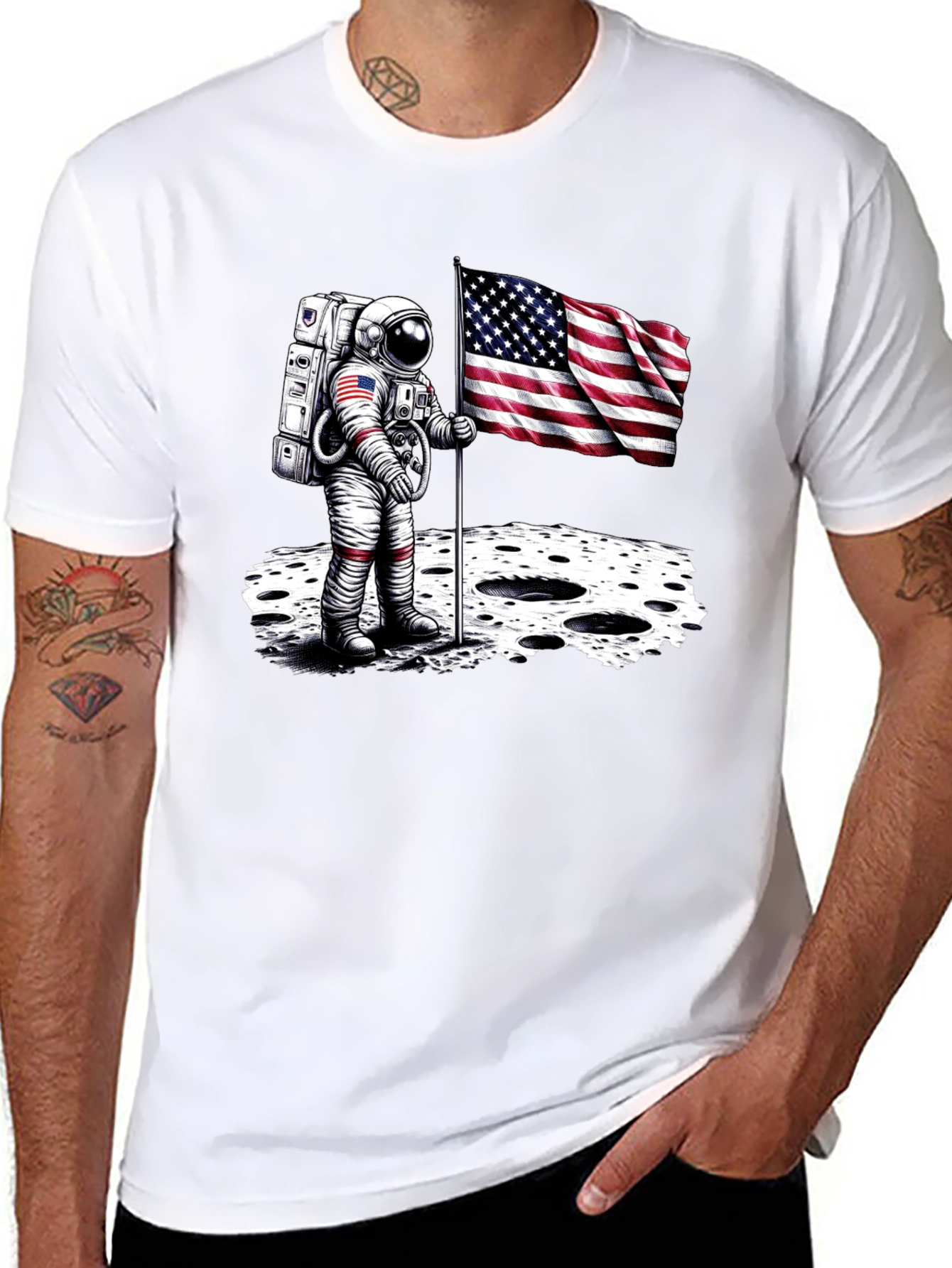 Black Astronaut American Flag T-Shirt - Moon Landing view 8